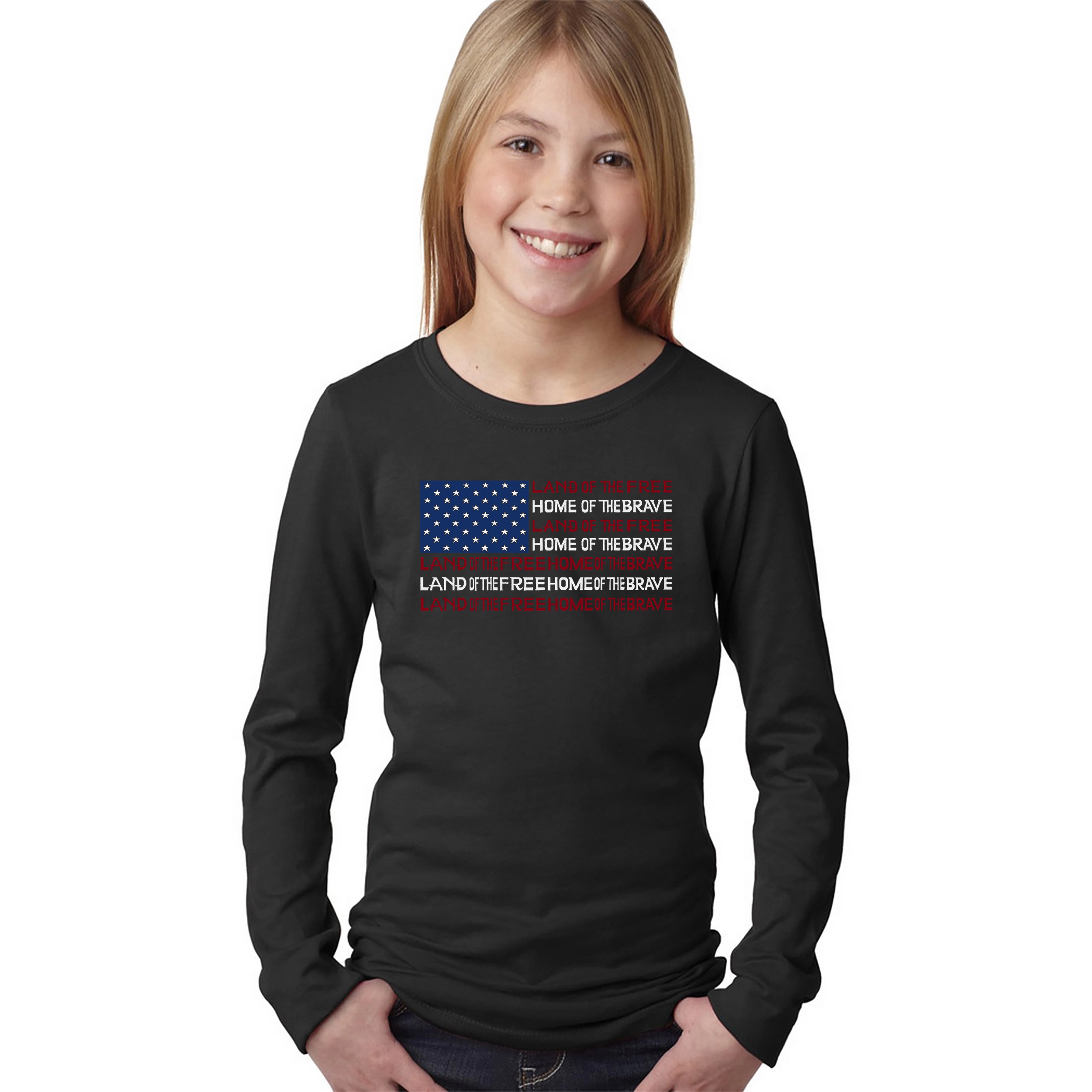 LA Pop Art Girls Long Sleeve Word T-Shirt - Land of the Free American Flag
