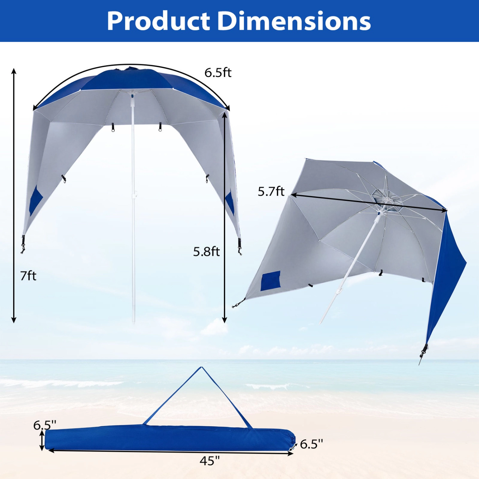 SUGIFT Blue 2-in-1 UPF 50+ Beach Shelter Umbrella with Side Panels Sand Anchor and 8 Fiberglass Ribs