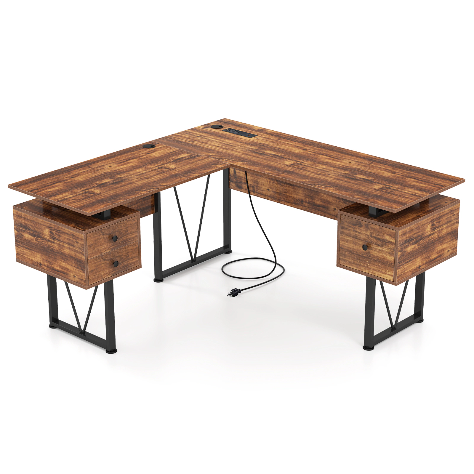 LJG L-shaped Computer Desk with Power Outlets and 3 Storage Drawers