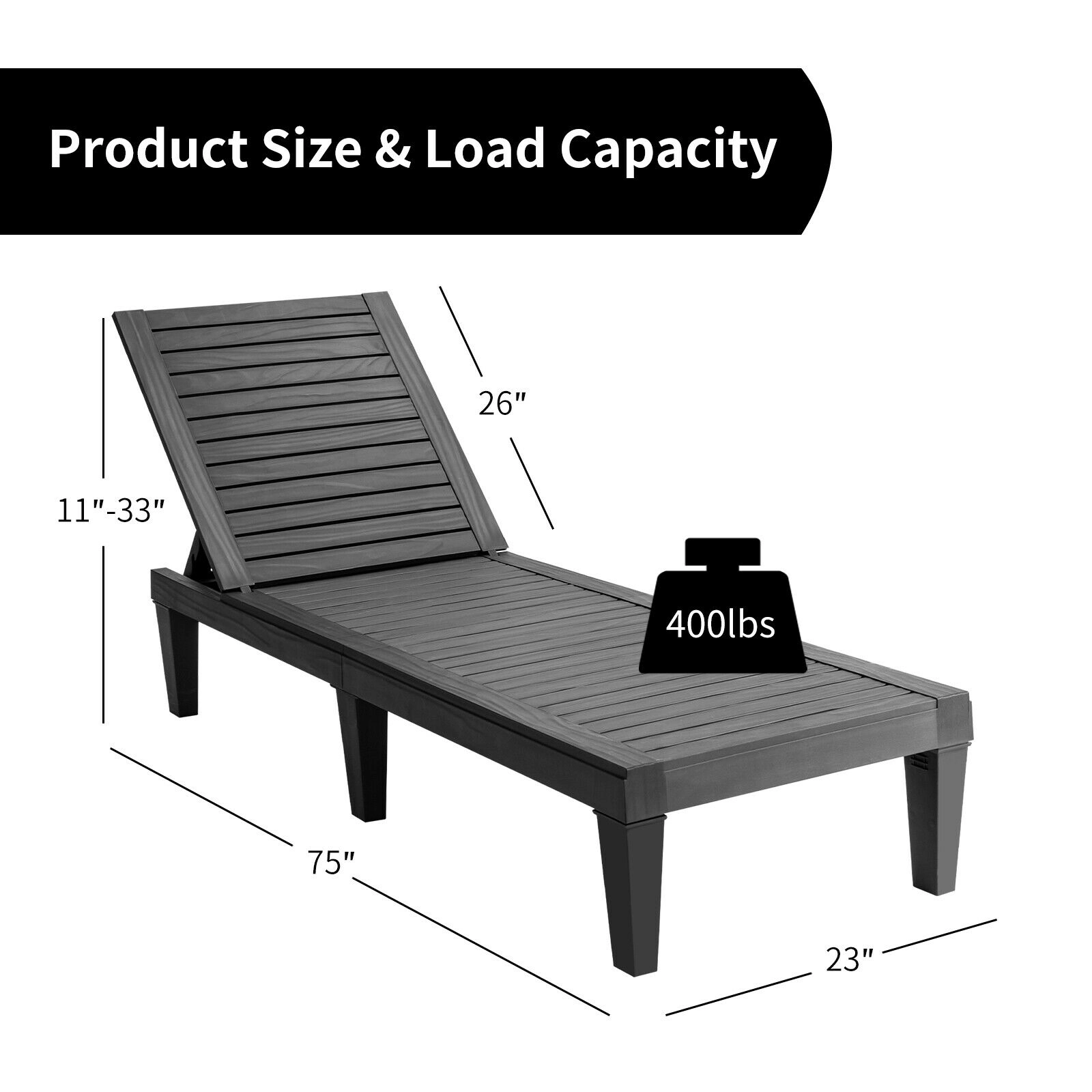 SUGIFT Outdoor Recliner Chaise Lounge Chair with 5-Position Adjustable Backrest 400-Lb Capacity Black
