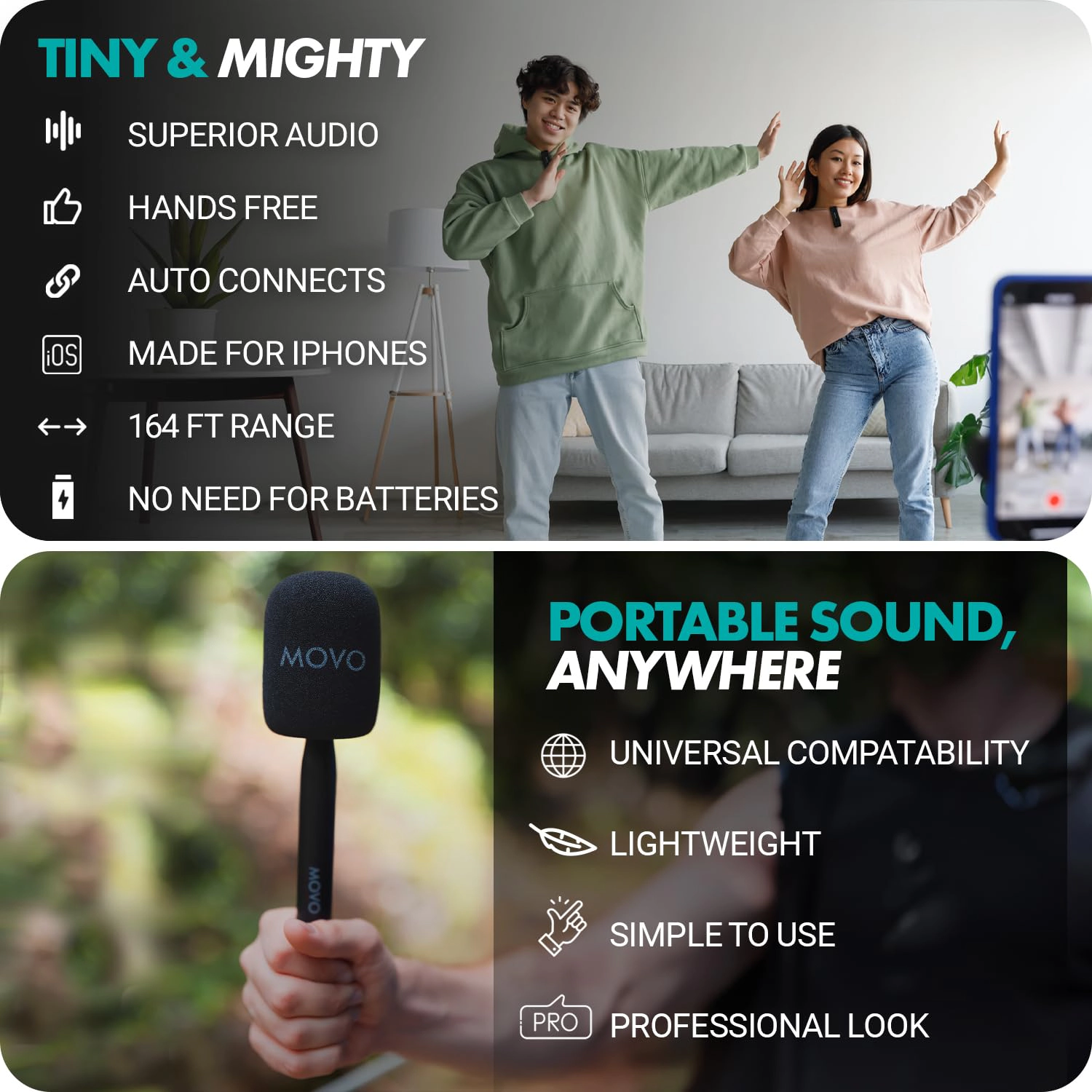 Movo Wireless Mini DI Ultra Compact Wireless Lavalier Microphone for iPhone with WMX-HM Handheld Adapter - Lapel Mic