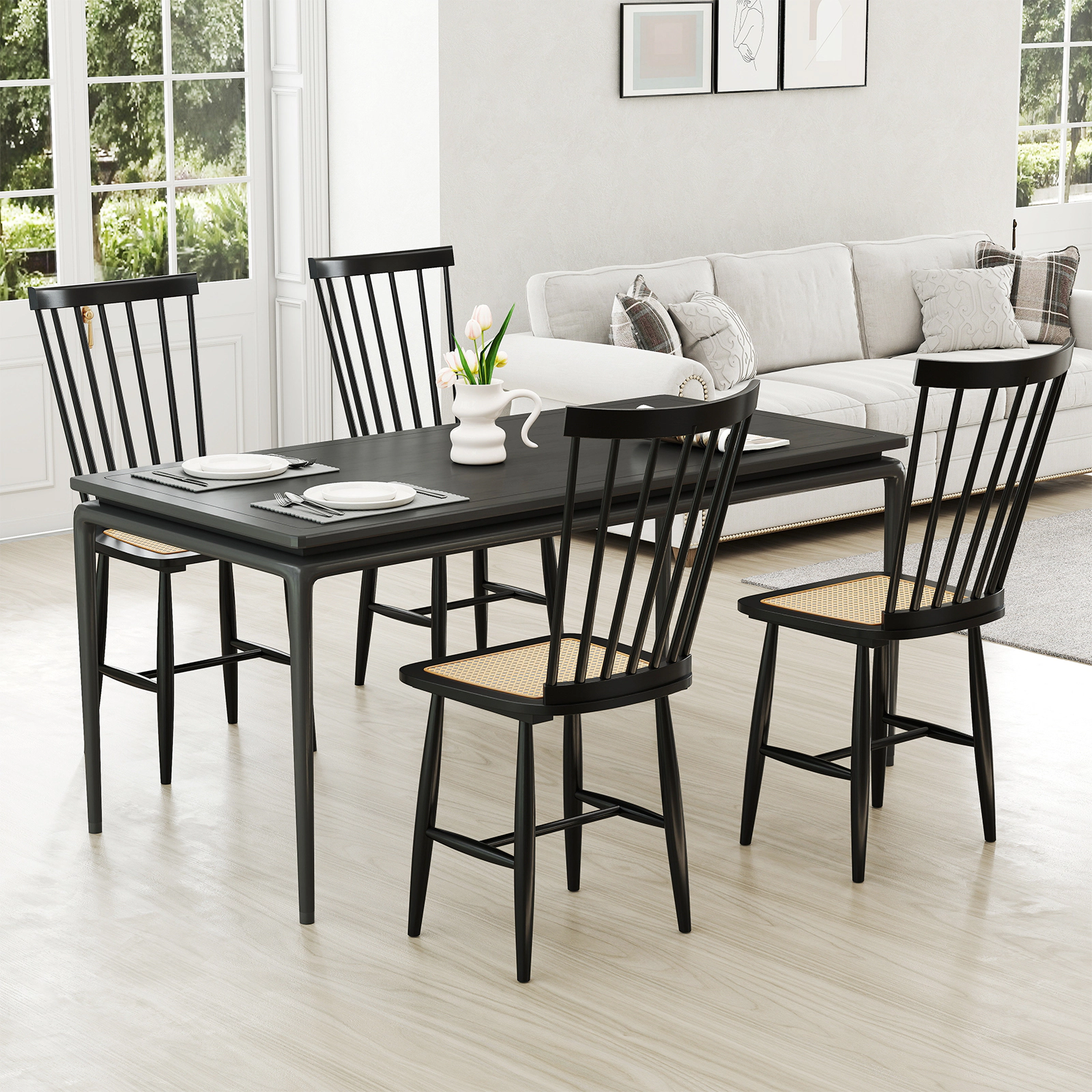 LJG Farmhouse Solid Rubber Wood Dining Chairs Set of 2 with PE Rattan Seats