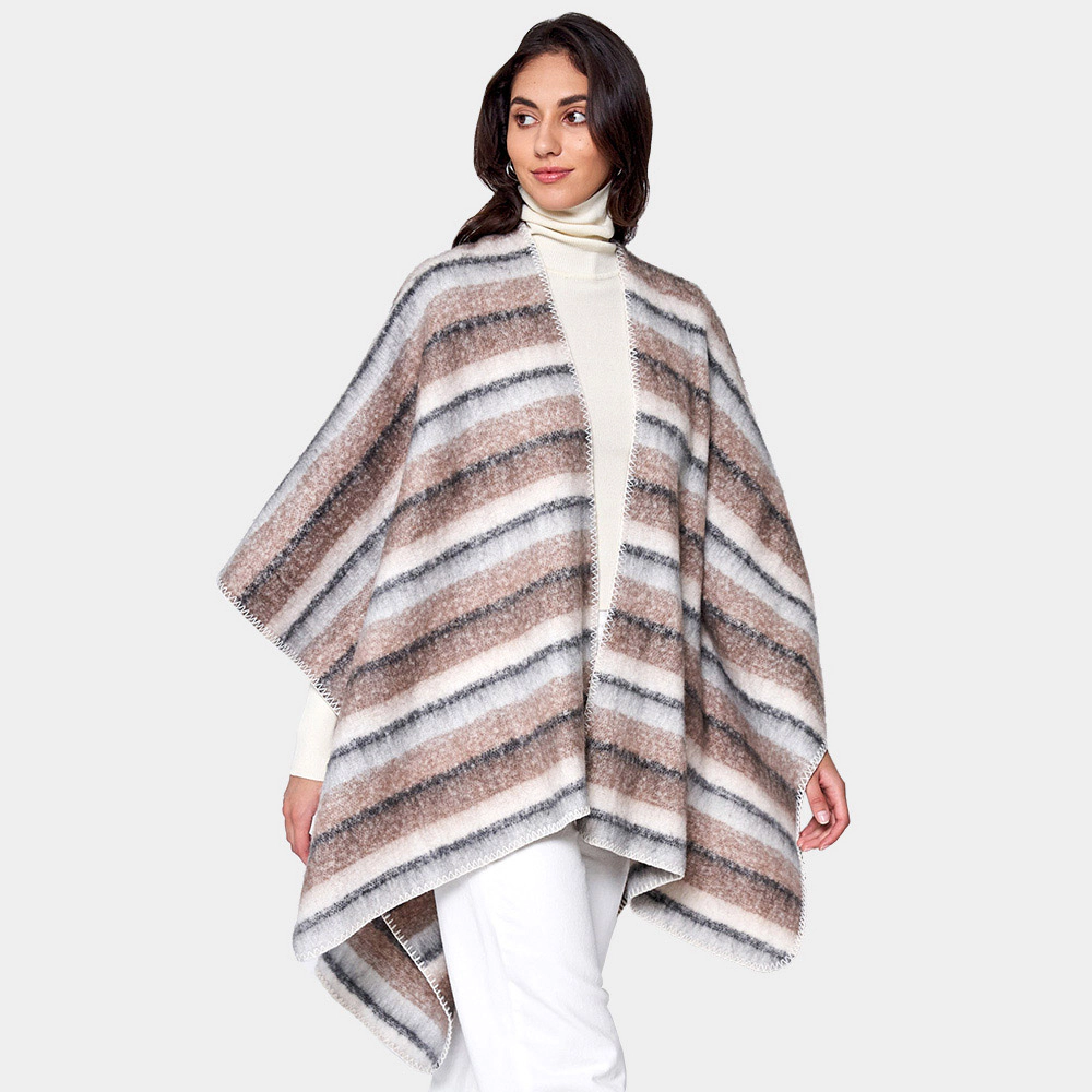 Truedames Women Cozy Striped Three Tone Ruana Poncho