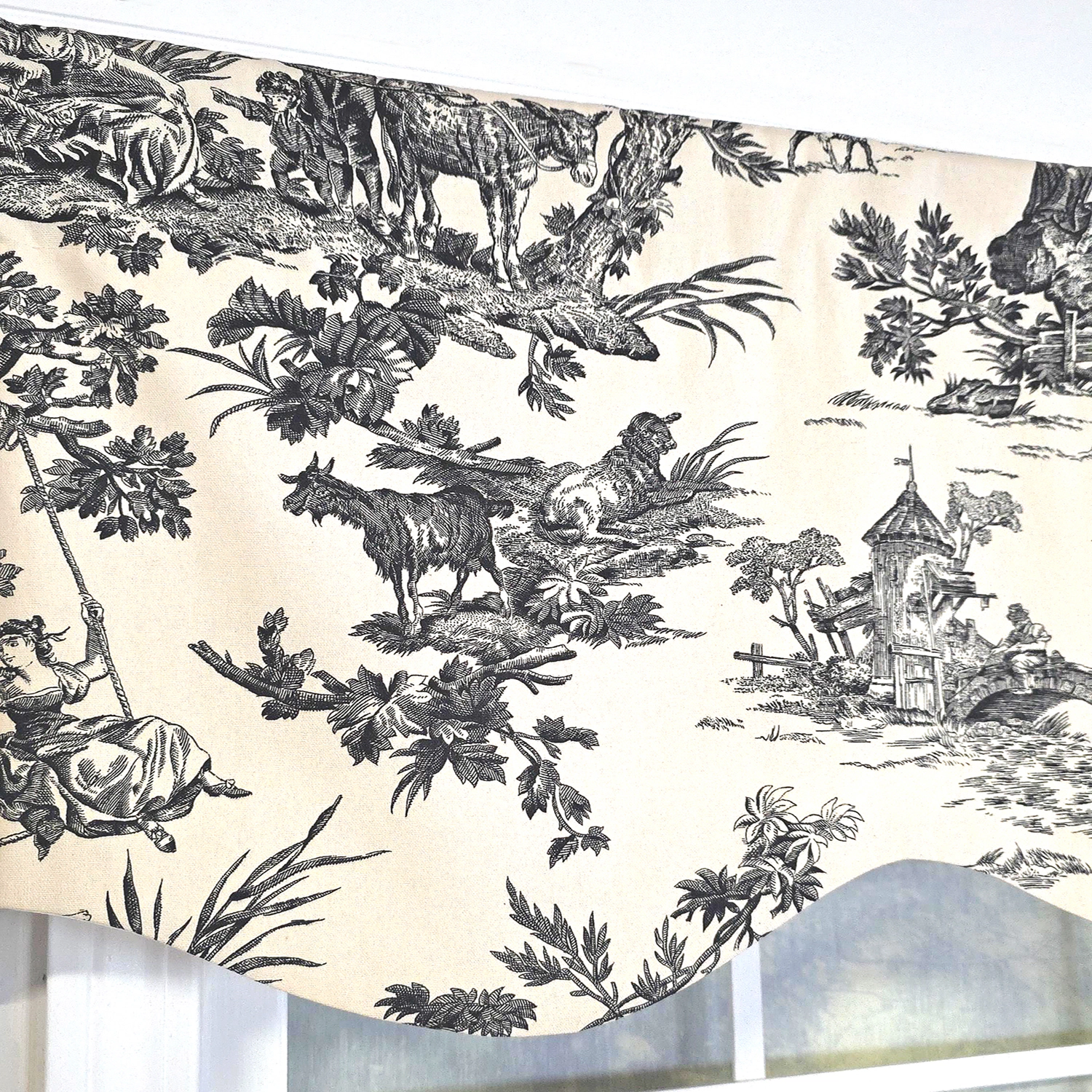 RLF Home Evocative Provance 100% Cotton Rod Pocket Lined  Window Valance 50" x 15" Black