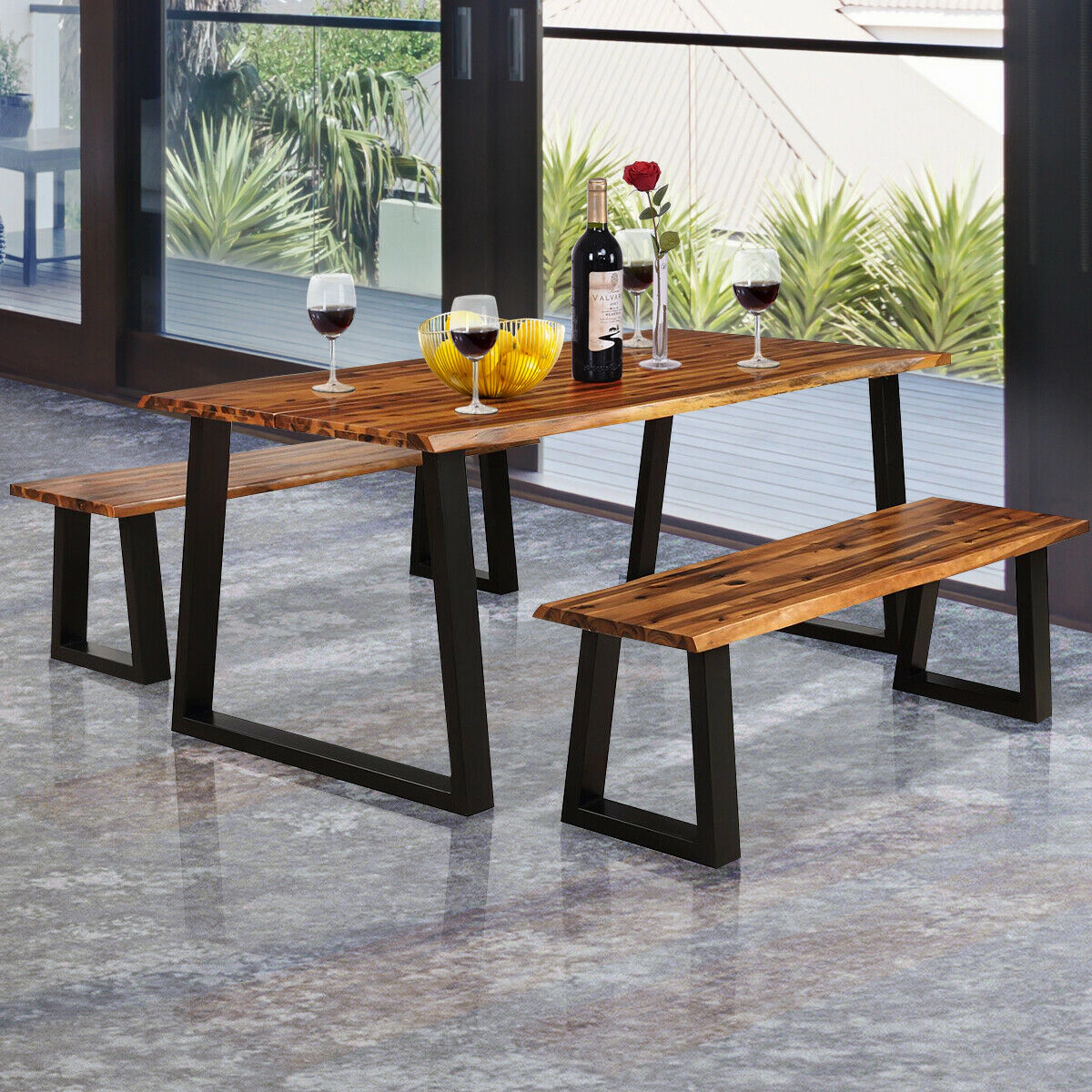 Hivvago Solid Acacia Wood Patio Bench Dining Bench Seating Chair