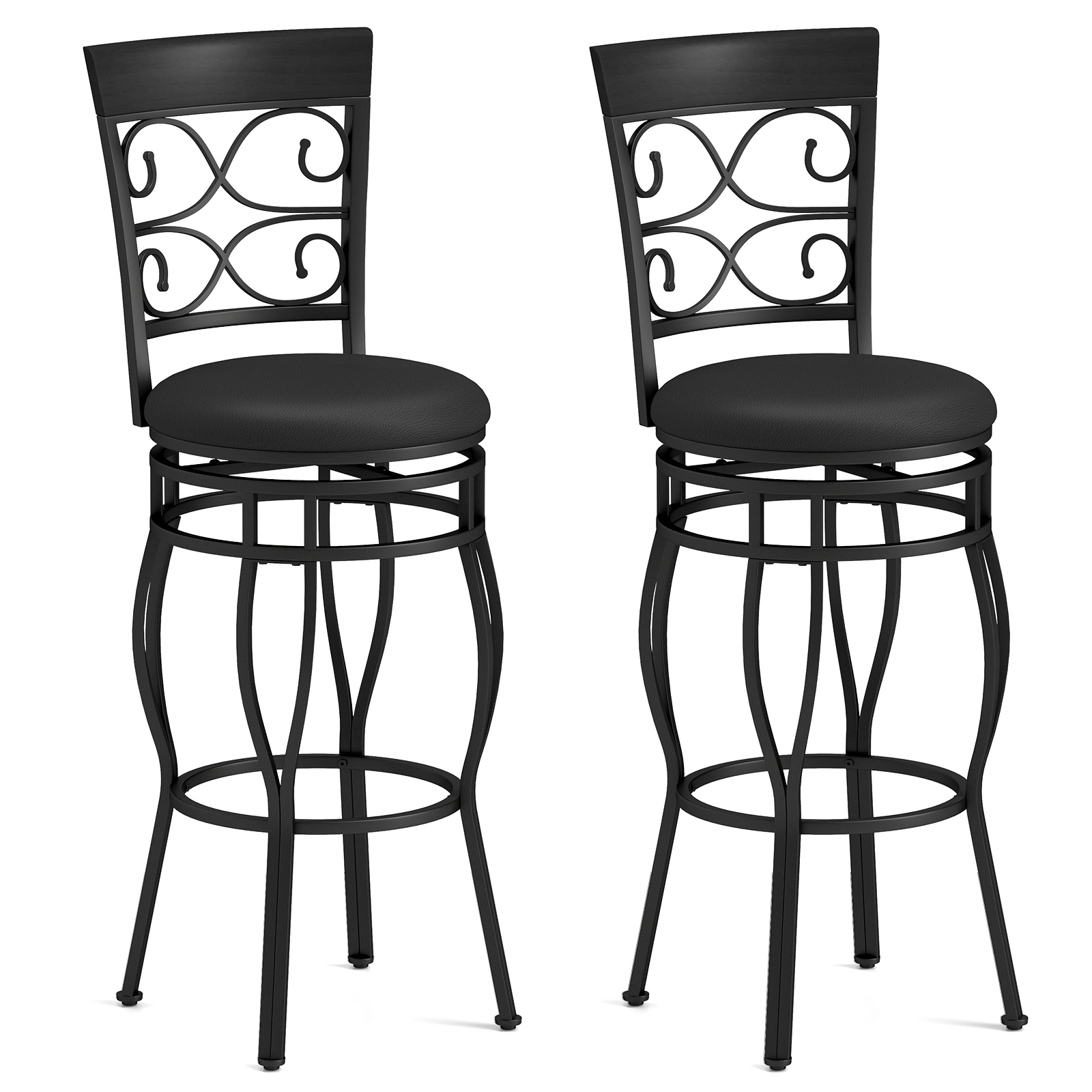 SUGIFT Set of 2 30-in Swivel Bar Stools with Backrest and Footrest 300-lb Capacity 18-in Wide Seat Black PU Leather
