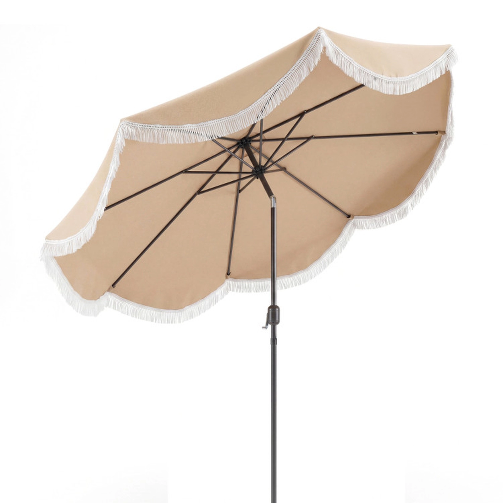 SUGIFT Cream White Push Button Tilt and Crank Handle 9 FT Outdoor Tassel Patio Umbrella