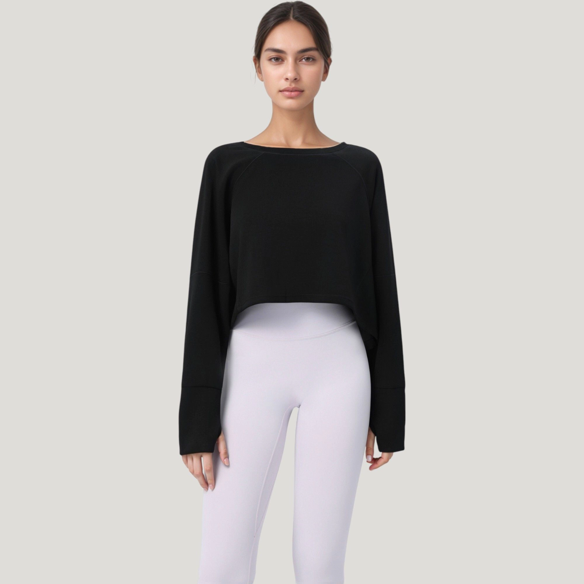 Anna-Kaci Women's Cropped Long Sleeve Active Top with Relaxed Fit and Crew Neck Design