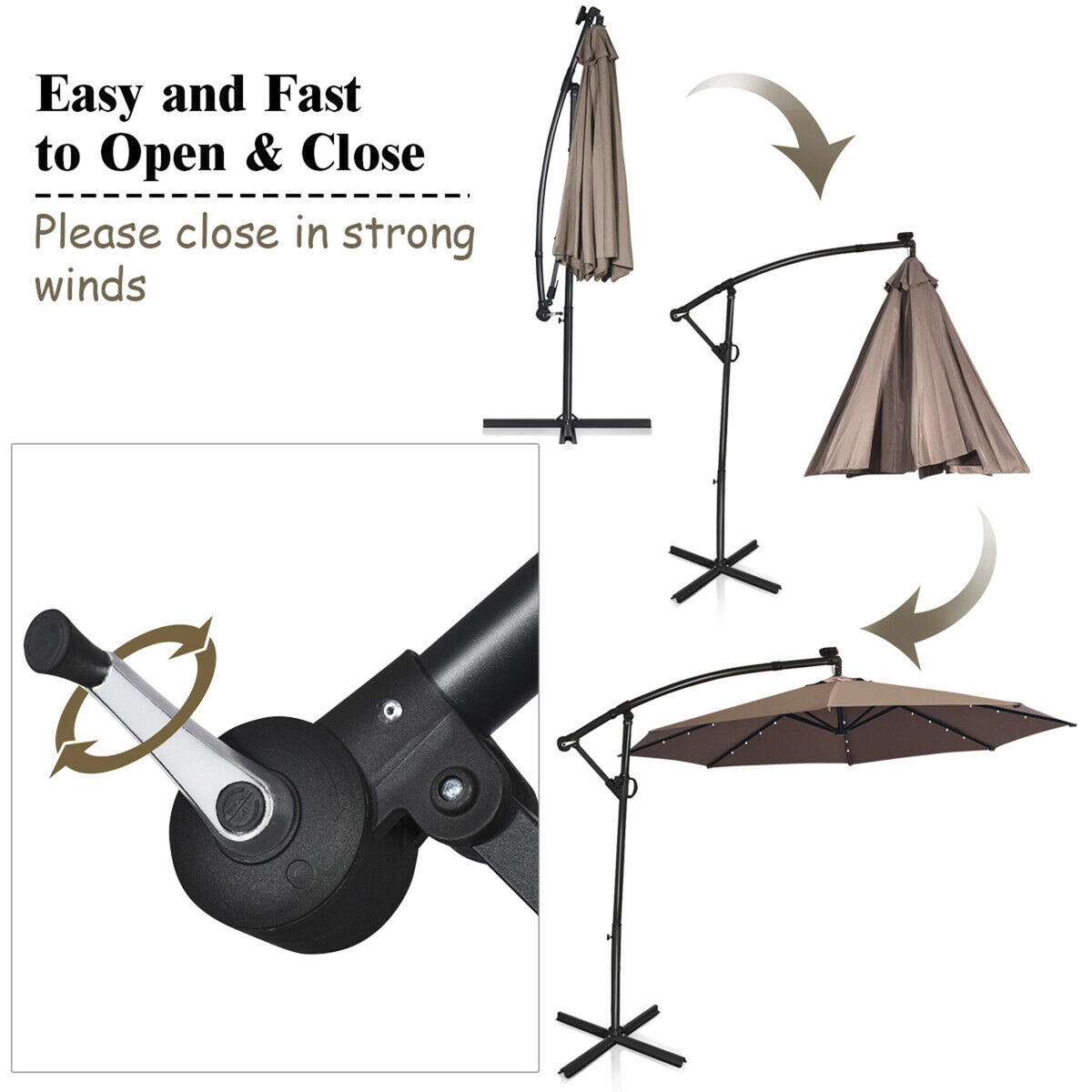 SUGIFT 10-ft Tan Offset Hanging Patio Umbrella with 8 Ribs Vented Canopy and Solar LED Lighting for Pool