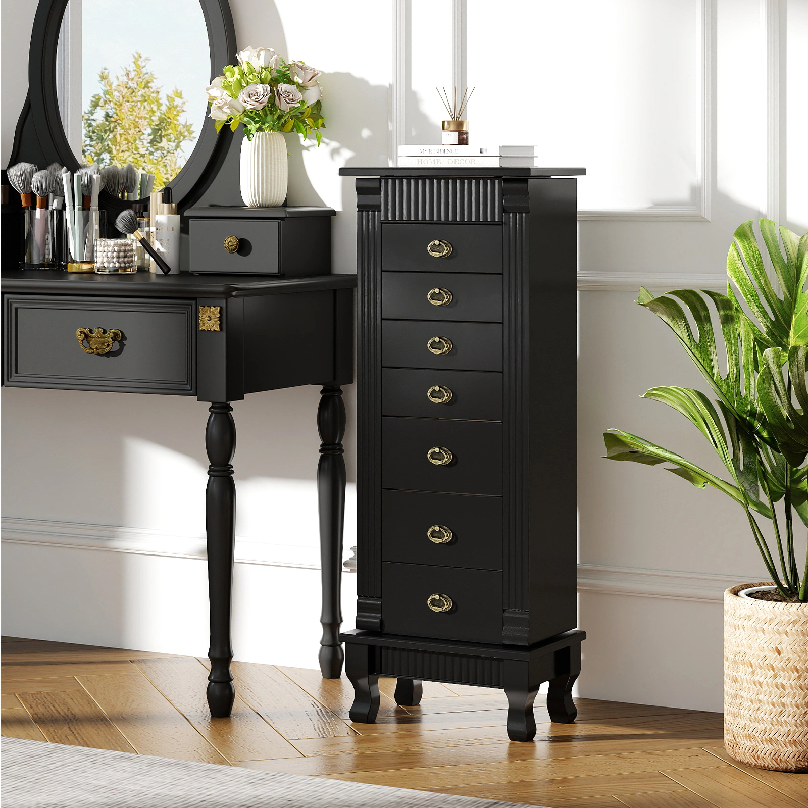 SUGIFT Wooden Jewelry Armoire Storage Chest with 7 Drawers and Side Swing Doors