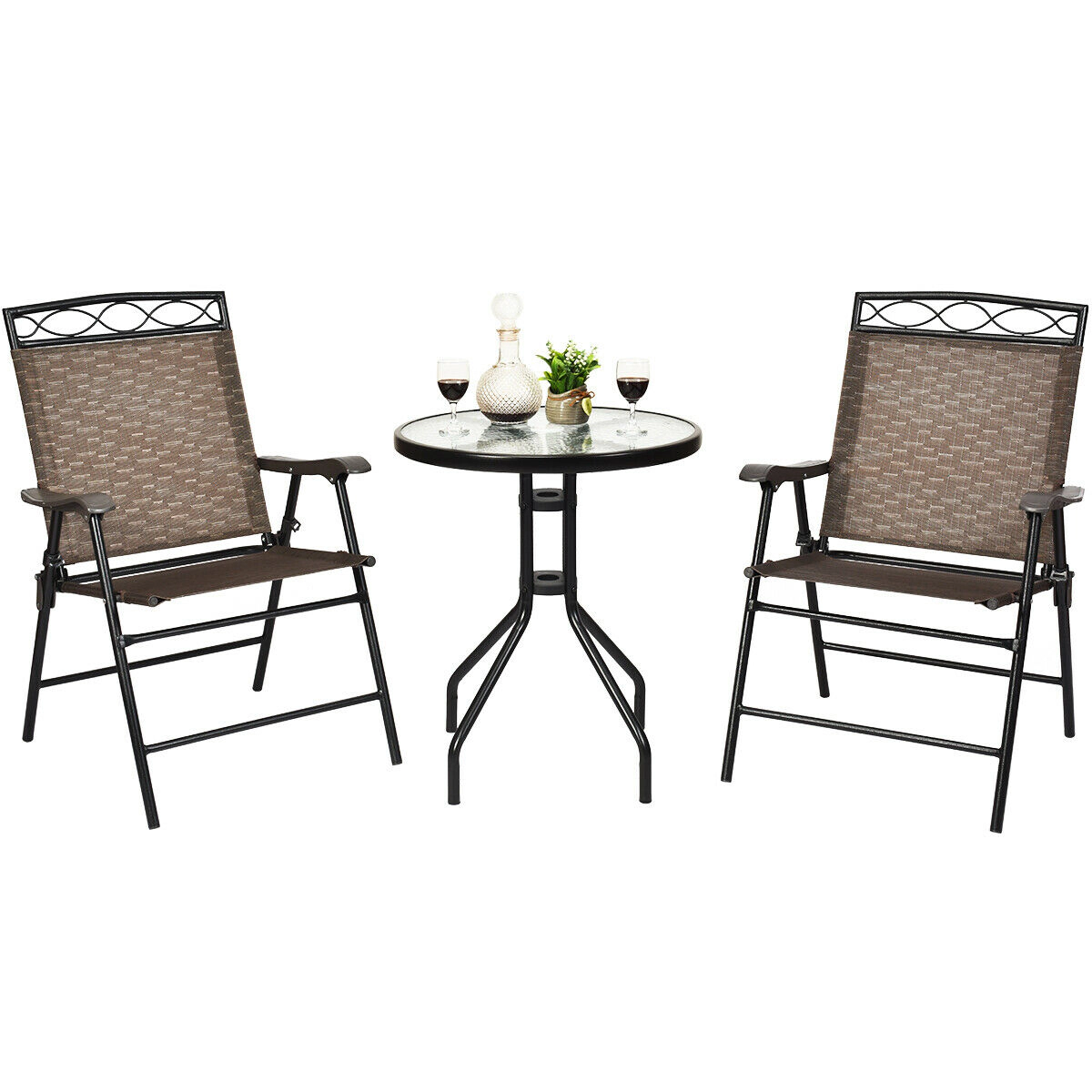 SUGIFT Bistro Dining Set with Tempered Glass Table 135-lb Table 330-lb Chairs 1.57-in Umbrella Hole Brown and Black