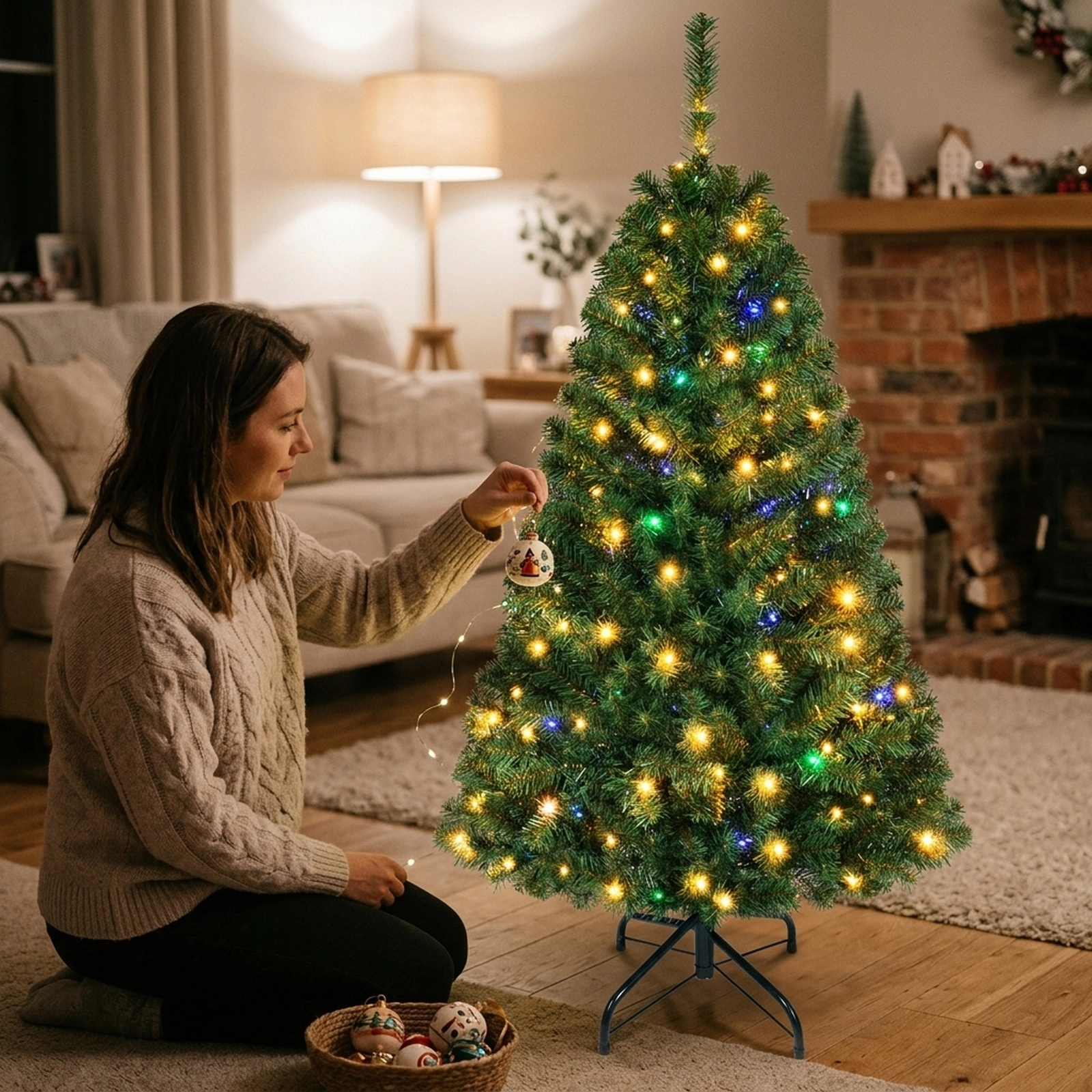 SUGIFT 4 ft Pre-Lit Artificial Christmas Tree with 2 Lighting Colors 11 Lighting Modes and Folding Metal Stand Green
