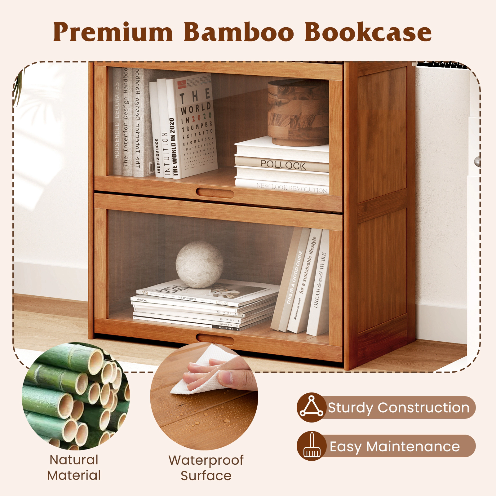 SUGIFT 4-Tier 55-in Tall Bamboo Bookshelf with Clear Acrylic Flip Doors and Anti-Tipping Kit for Study