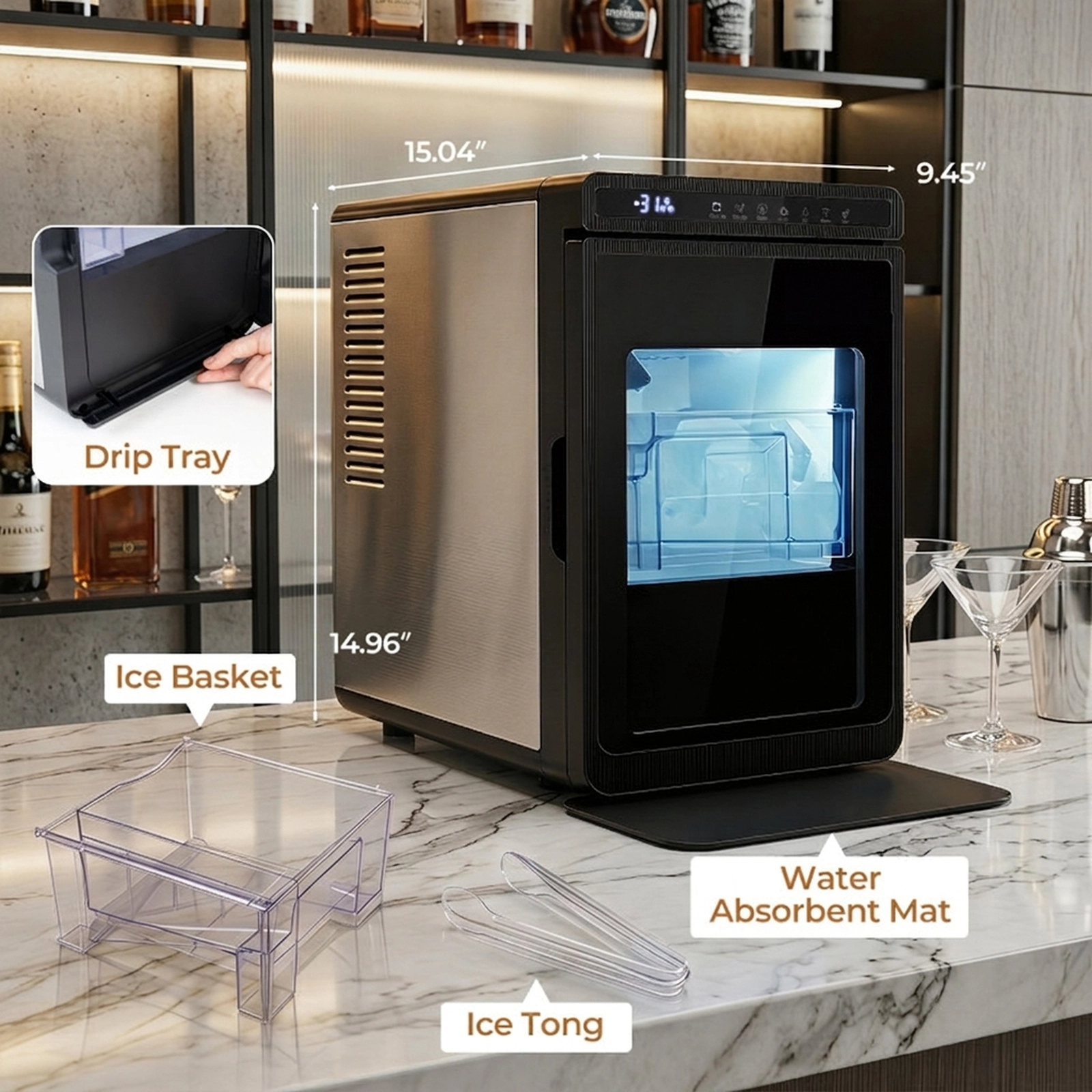 SUGIFT Countertop Clear Ice Maker with 1.6-in Large Square Cubes 26-lb Daily Output and Self-Cleaning