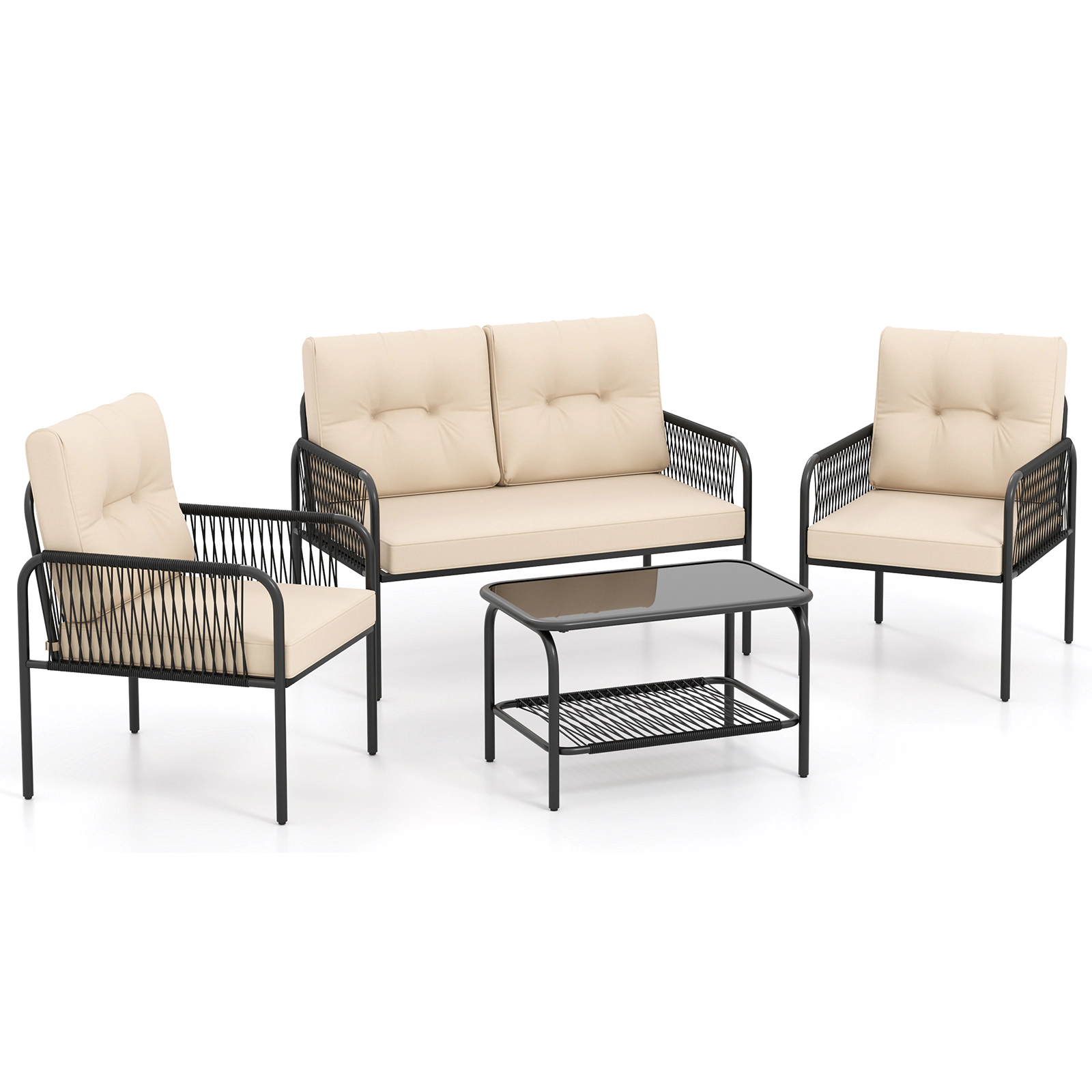 LJG 4 Pieces Patio Furniture Set PE Rattan Sofa Chairs with Loveseat