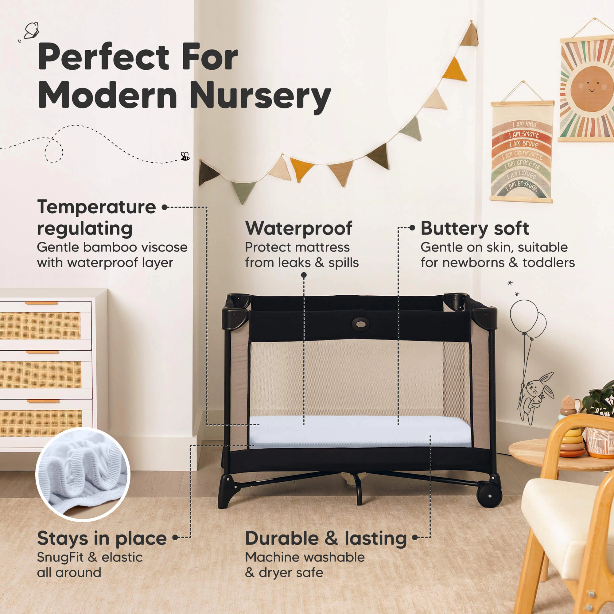 KeaBabies 2-Pack Isla [Protect+] Waterproof Mini Crib Sheets