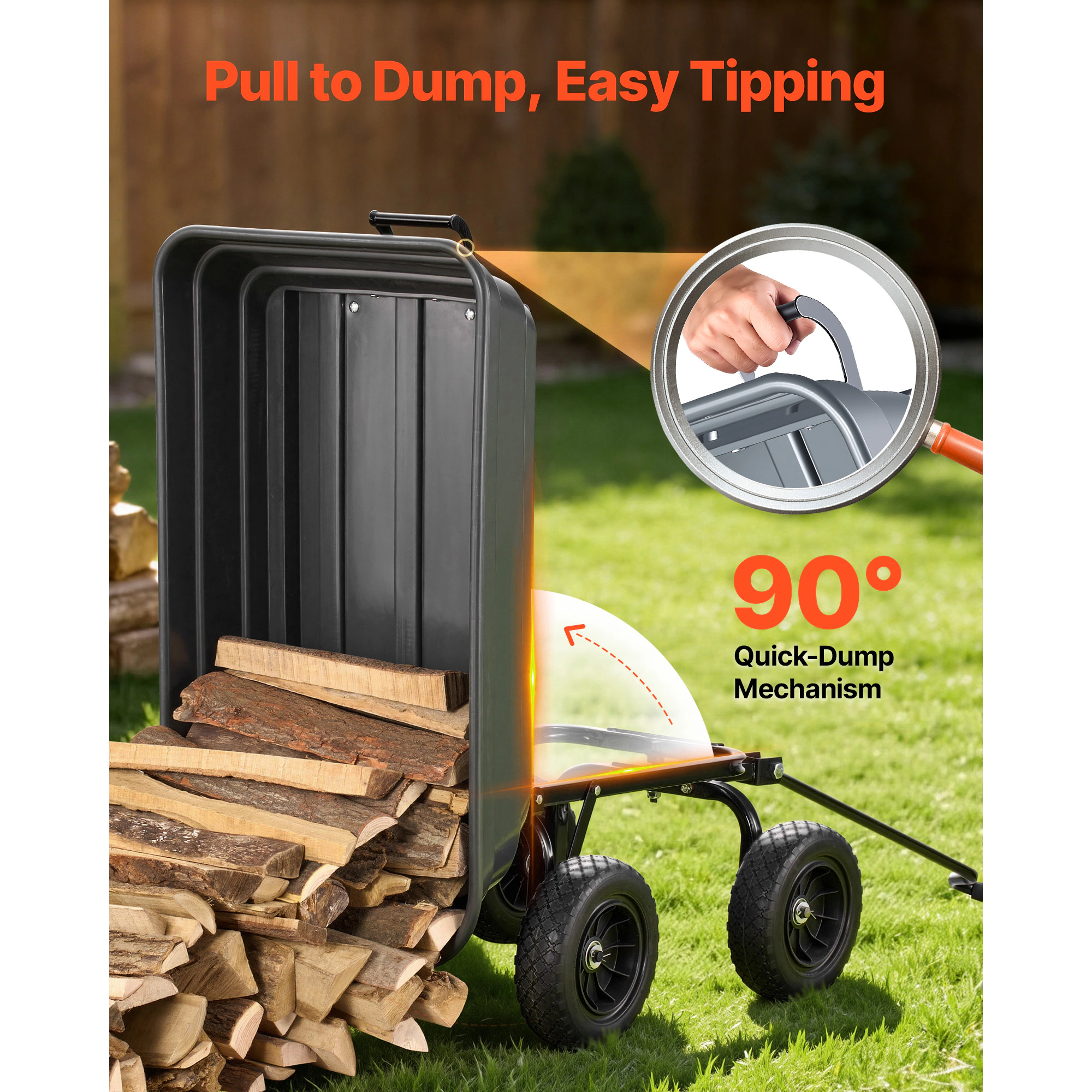 HONGGE Garden Dump Cart Poly Dump Cart Garden Carts Dumps Wagon with 90° Quick-Dumps Mechanism 180° Swivel Wheels 270°