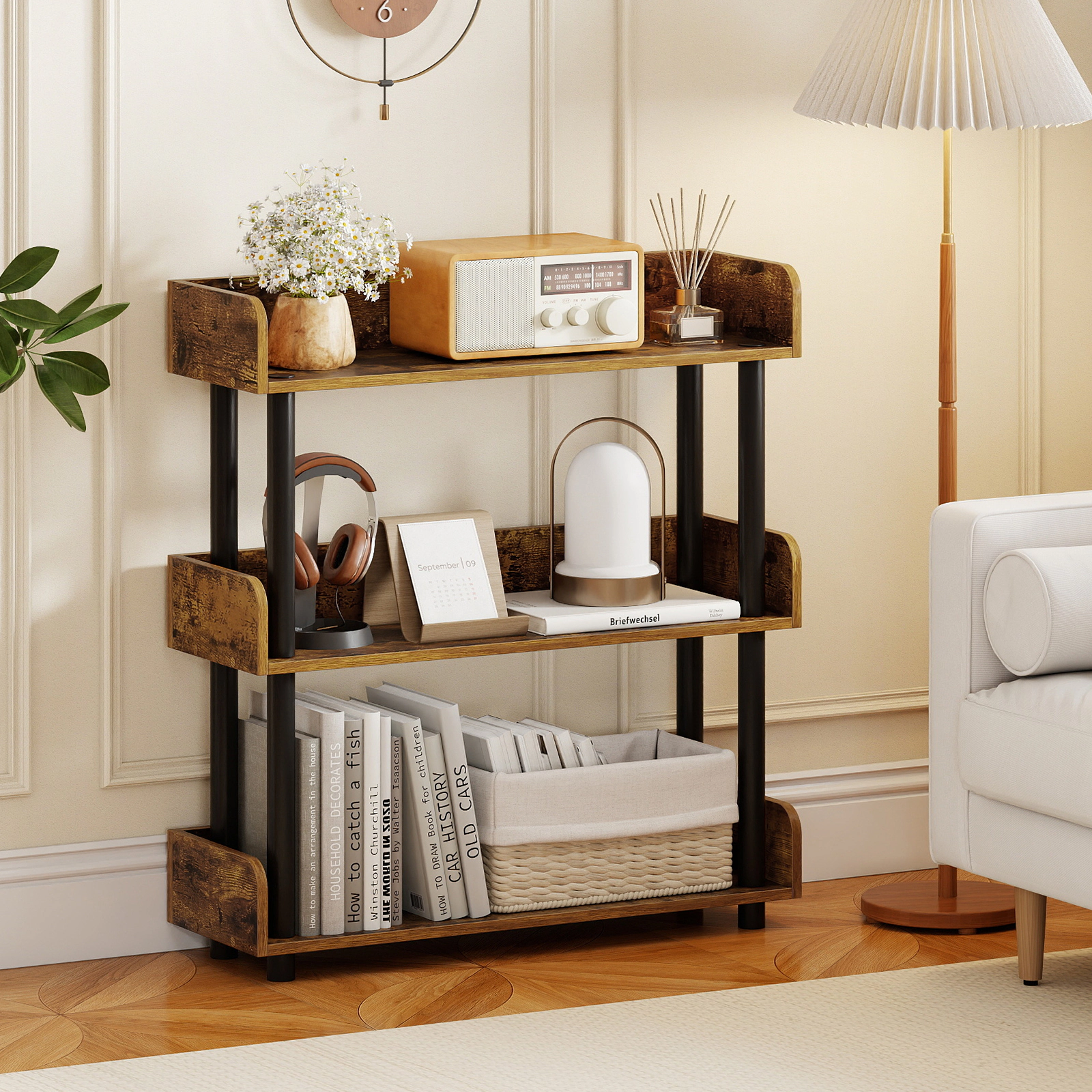 SUGIFT 3-Shelf Rustic Brown 31.5-in Wide Low Bookshelf Open Display Storage Unit with Anti-Tipping Kit