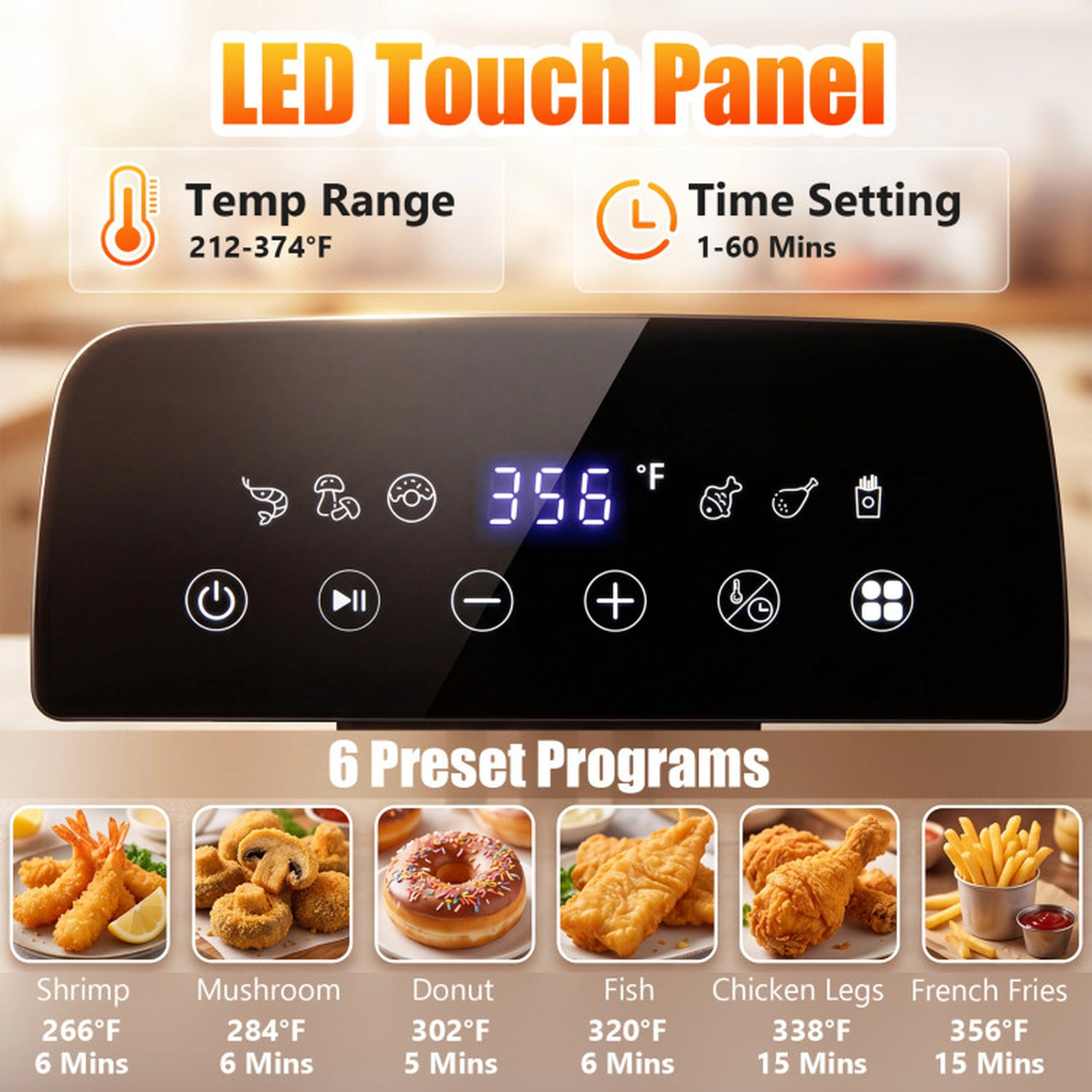 SUGIFT LED Touch Screen Electric Deep Fryer 3.2-qt Enamel Oil Tank 1700W 6 Presets 212-374 F Thermostat Silver/Black