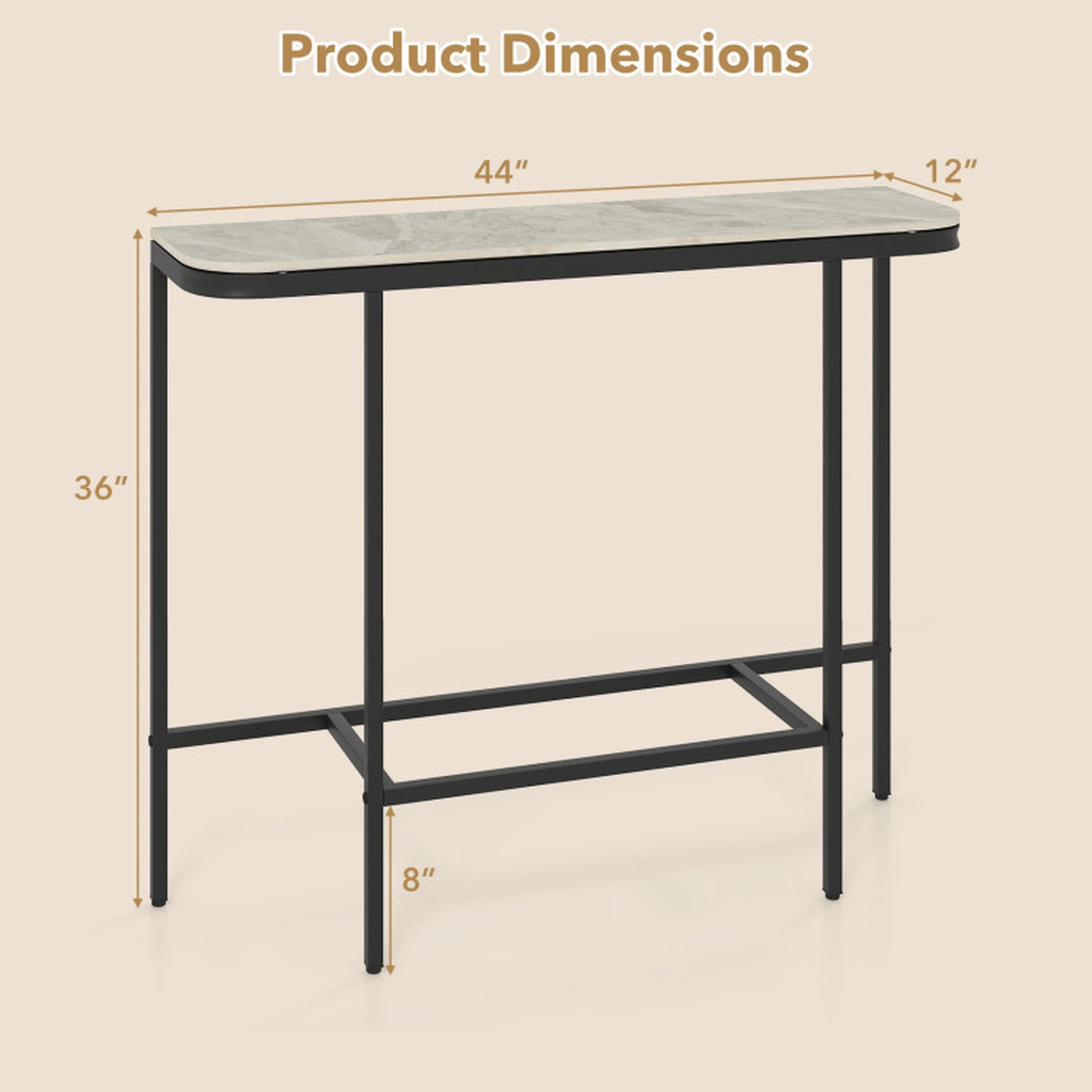 SUGIFT 44-in 12-in Narrow 66-lb Capacity Gray Sintered Stone Marble Look Console Table with Metal Frame