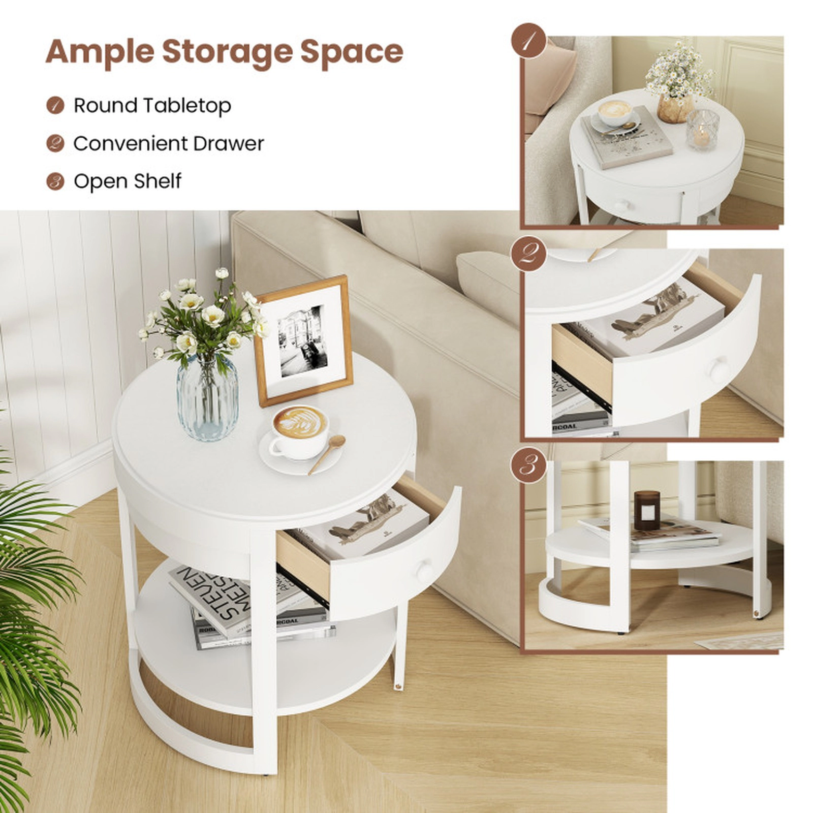SUGIFT 2-Tier Round Drawer Open Shelf Modern Nightstand End Table 19.5-in x 19.5-in x 24-in 190-lb Capacity White