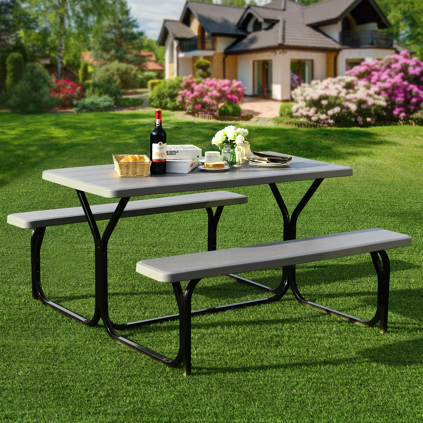 SUGIFT Gray 54-In Outdoor HDPE Picnic Table and Bench Set