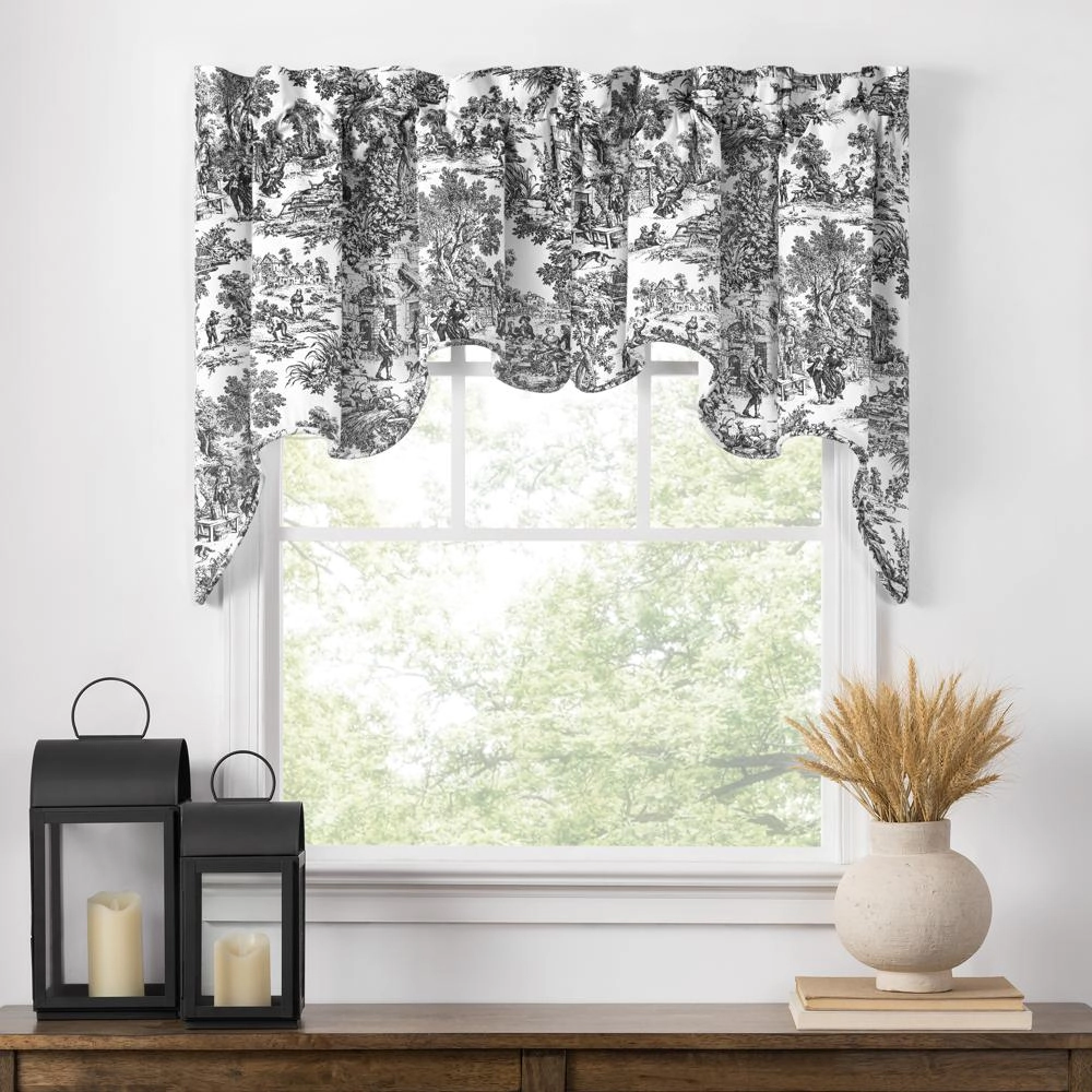 Ellis Curtain Victoria Park Toile High Quality Classic Print Swag Lined Empress Window Valance 2-Piece 70 x28" Black