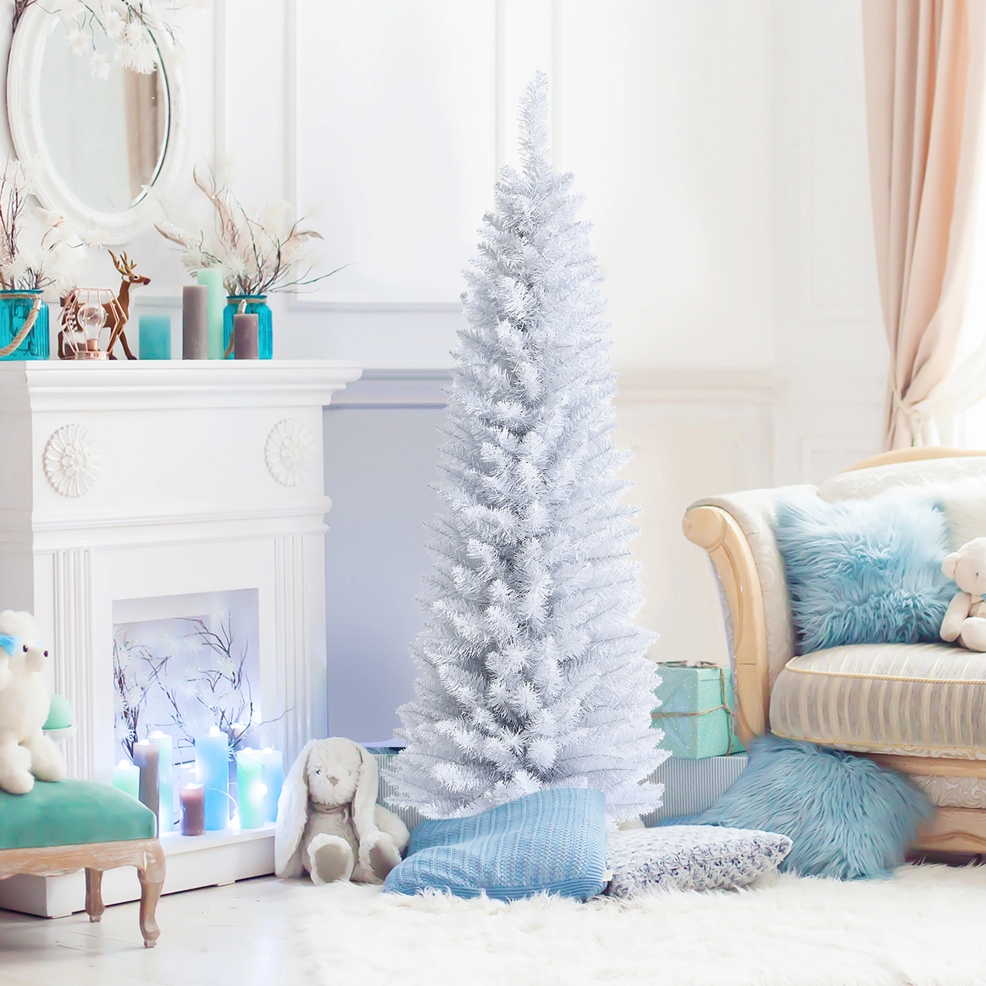 Costway 5/6/7 ft Unlit Artificial Slim Pencil Christmas Tree with Metal Stand White