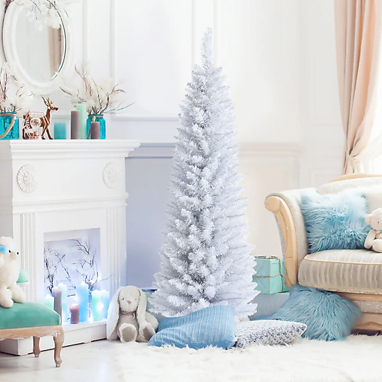Costway 5/6/7 ft Unlit Artificial Slim Pencil Christmas Tree with Metal Stand White
