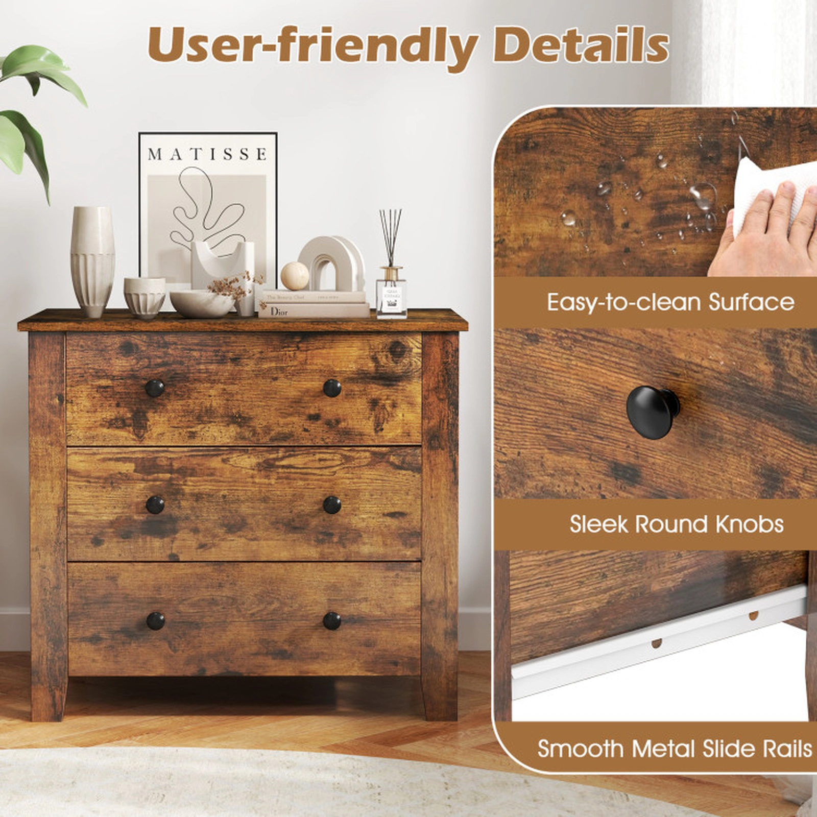 SUGIFT 3-Drawer MDF Dresser Chest of Drawers 28 x 18 x 26 in 220-Lb Capacity Bedside Table Rustic Brown