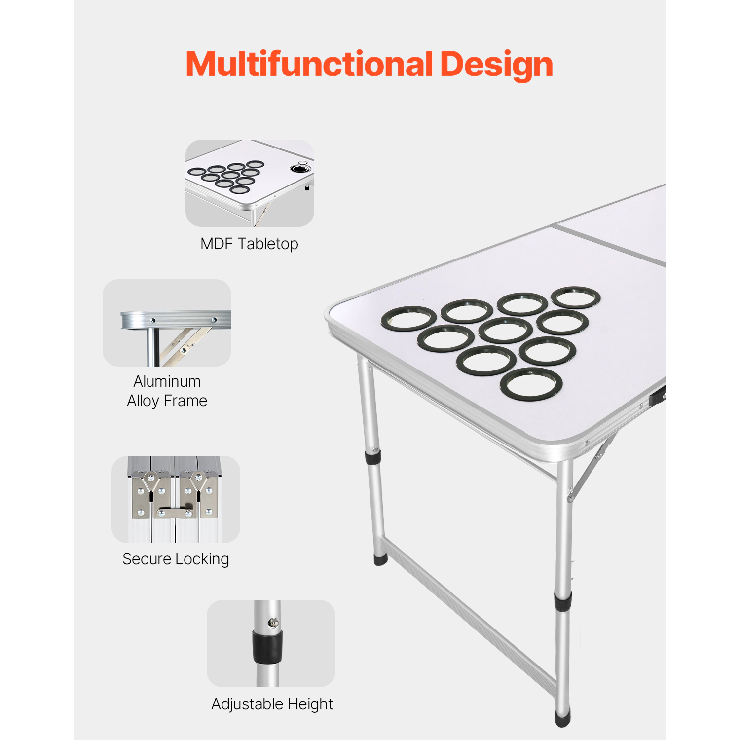 HONGGE 8 FT Portable Folding Beer Pong Table with Adjustable Height & Cup Holes, White Tailgate Table