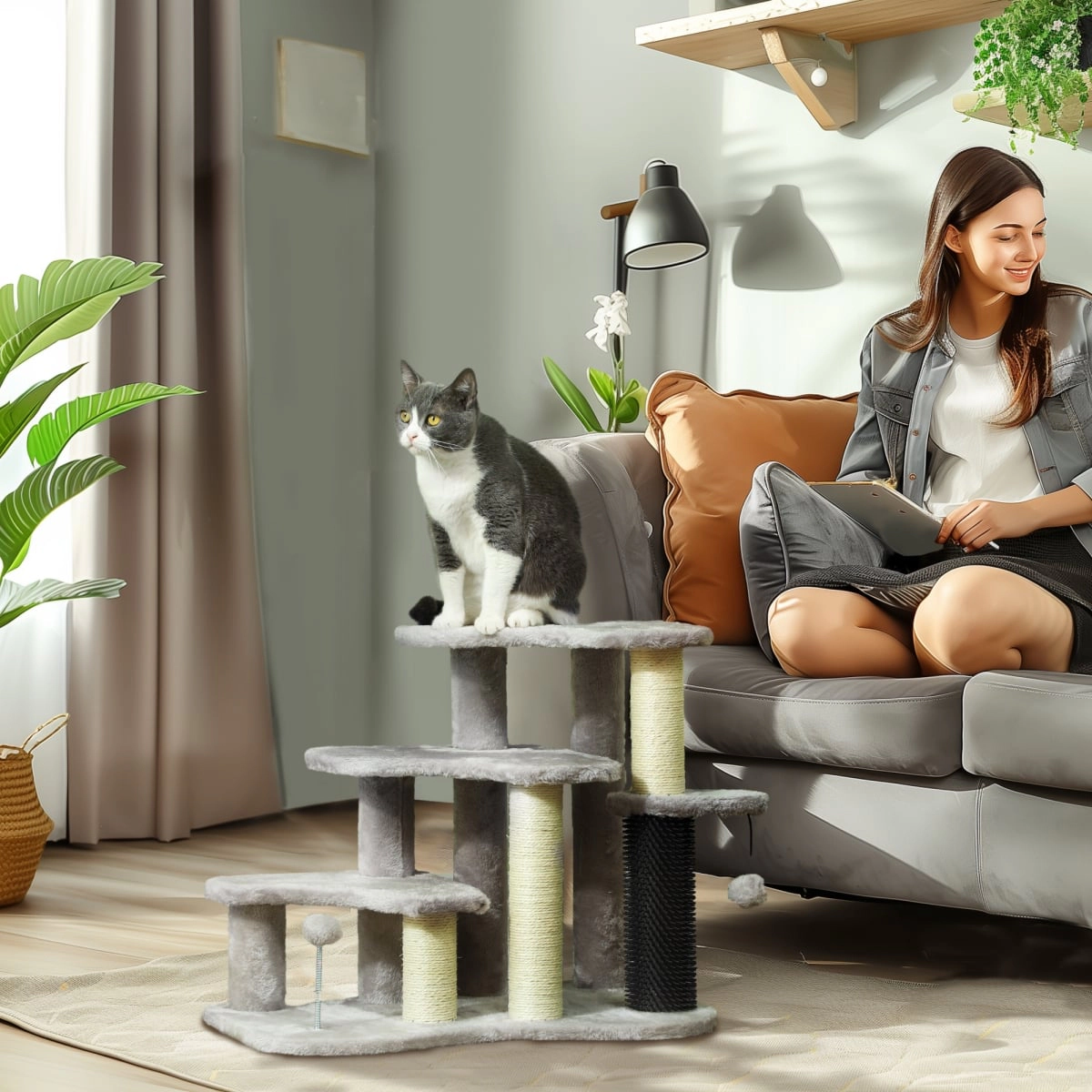 212 Main PawHut 2-in-1 Cat Tree Tower & 3-Step Pet Stairs with Scratching Posts & Toy Balls