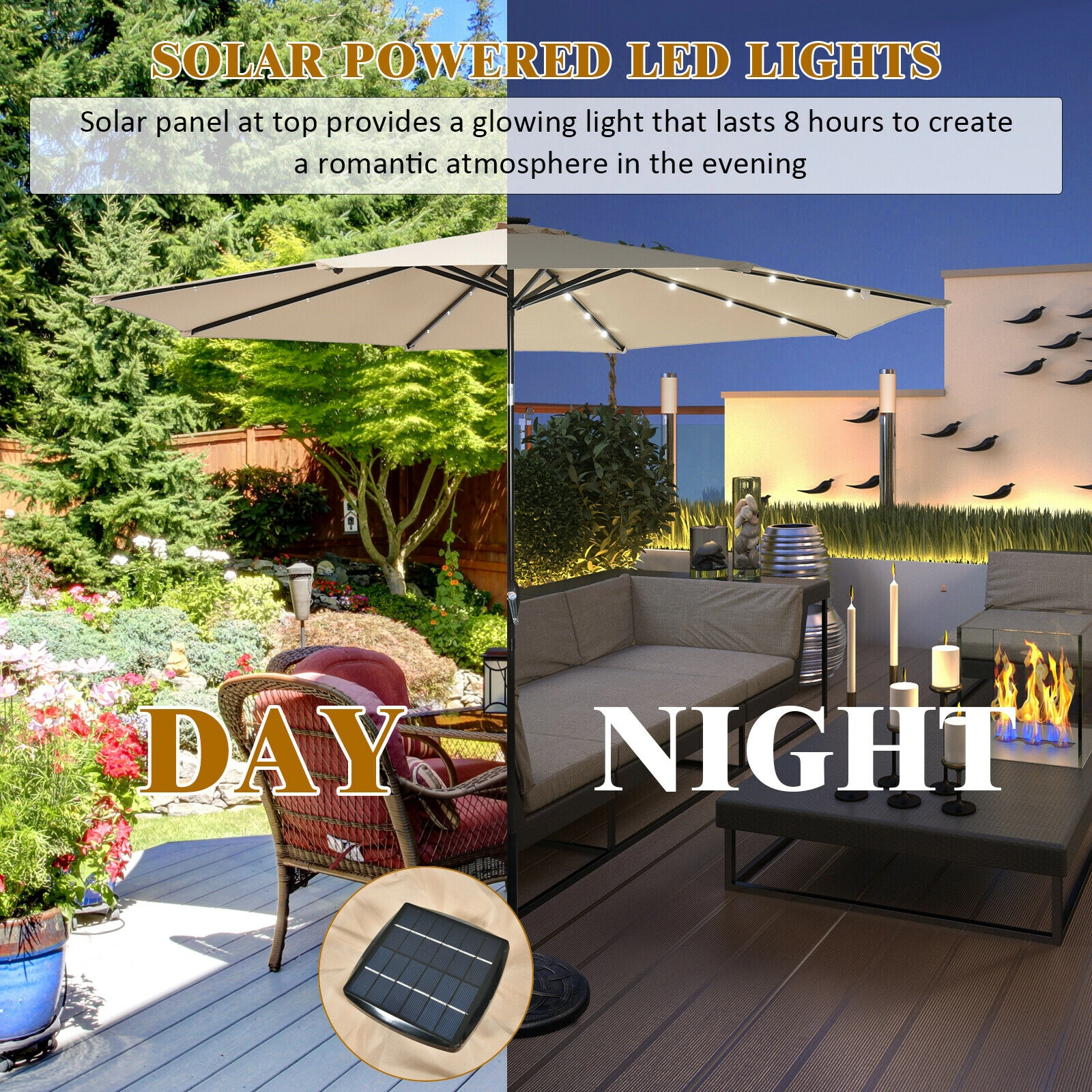 SUGIFT 10-ft Solar LED Lighted Patio Market Umbrella with Crank Lift Push-Button Tilt 24 Lights 10-ft Canopy Beige