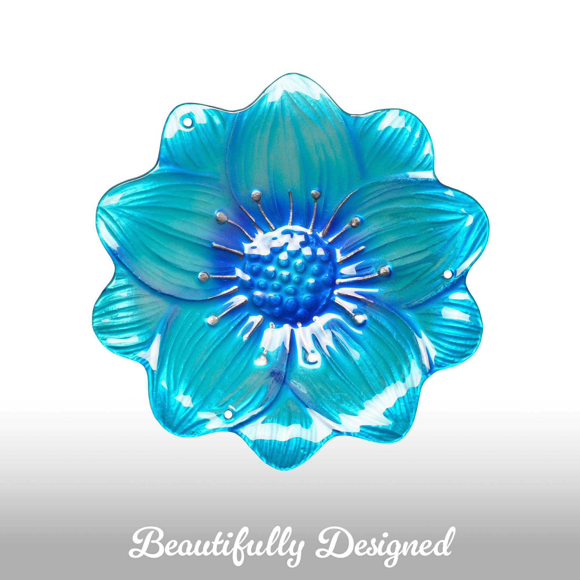 G128 10-inch Hanging Glass Bird Bath and Feeder Blue Flower Design
