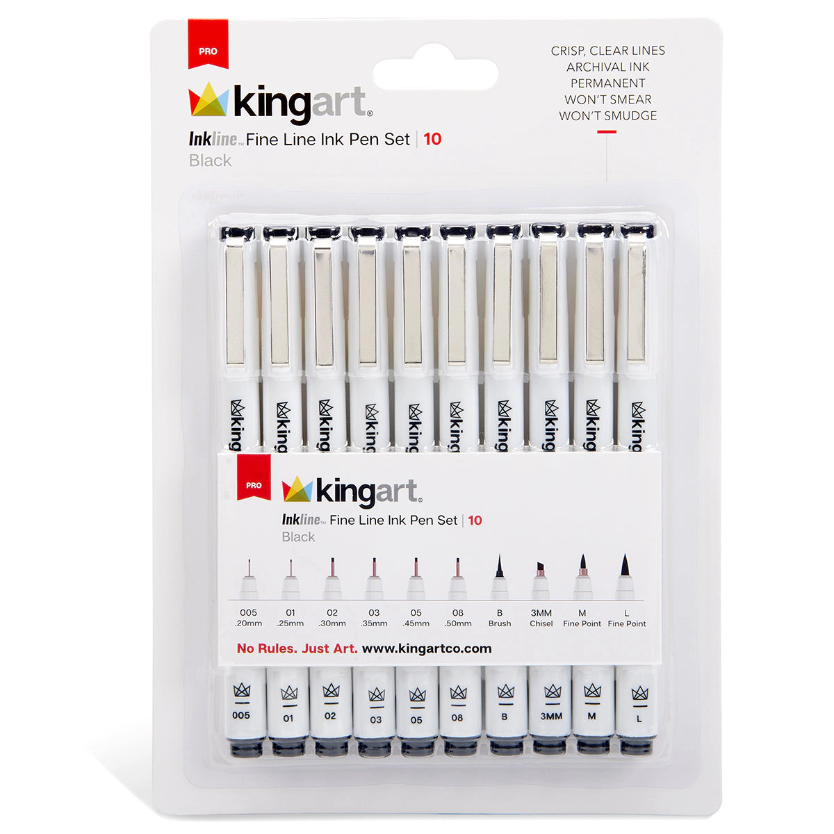 KINGART Inkline PRO 10 pc Fine Line Archival Black Ink Pens - Assorted Tips