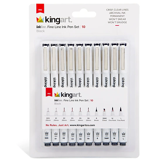 KINGART Inkline PRO 10 pc Fine Line Archival Black Ink Pens - Assorted Tips