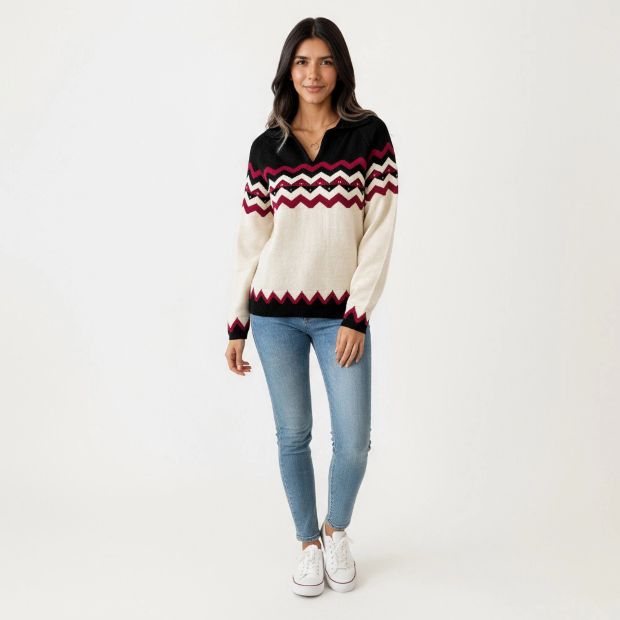 Anna-Kaci Women's Chevron Pattern Split Collar Ribbed Trim Long Sleeve Knit Sweater