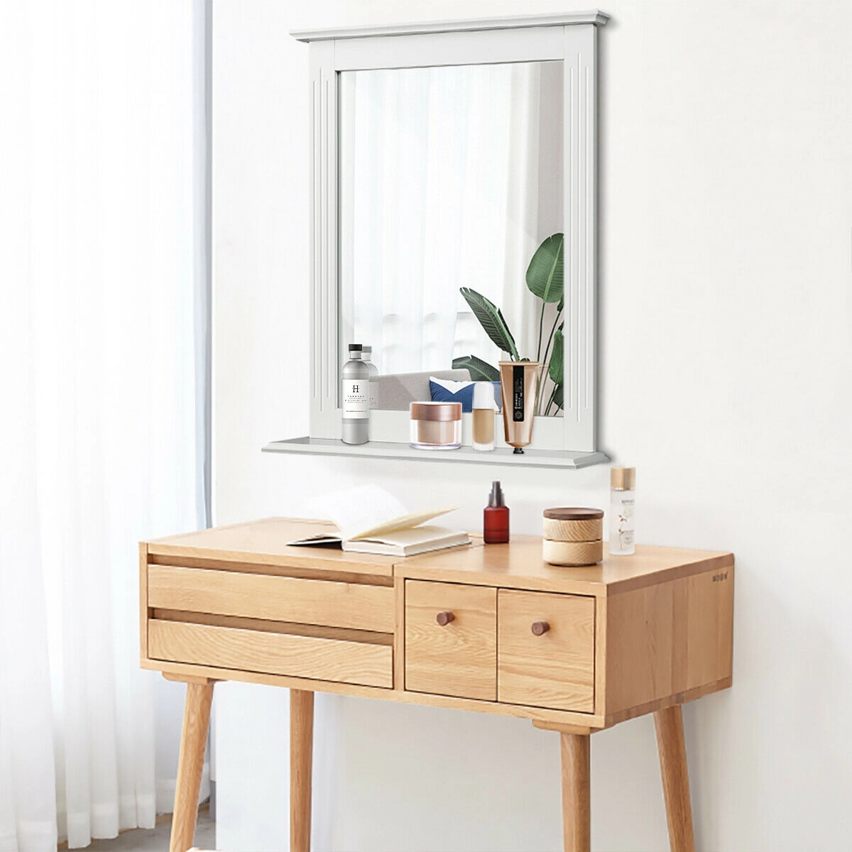 SUGIFT Wall-Mounted Multipurpose Vanity Mirror with Storage Shelf 27-in Tall Brown/Gray