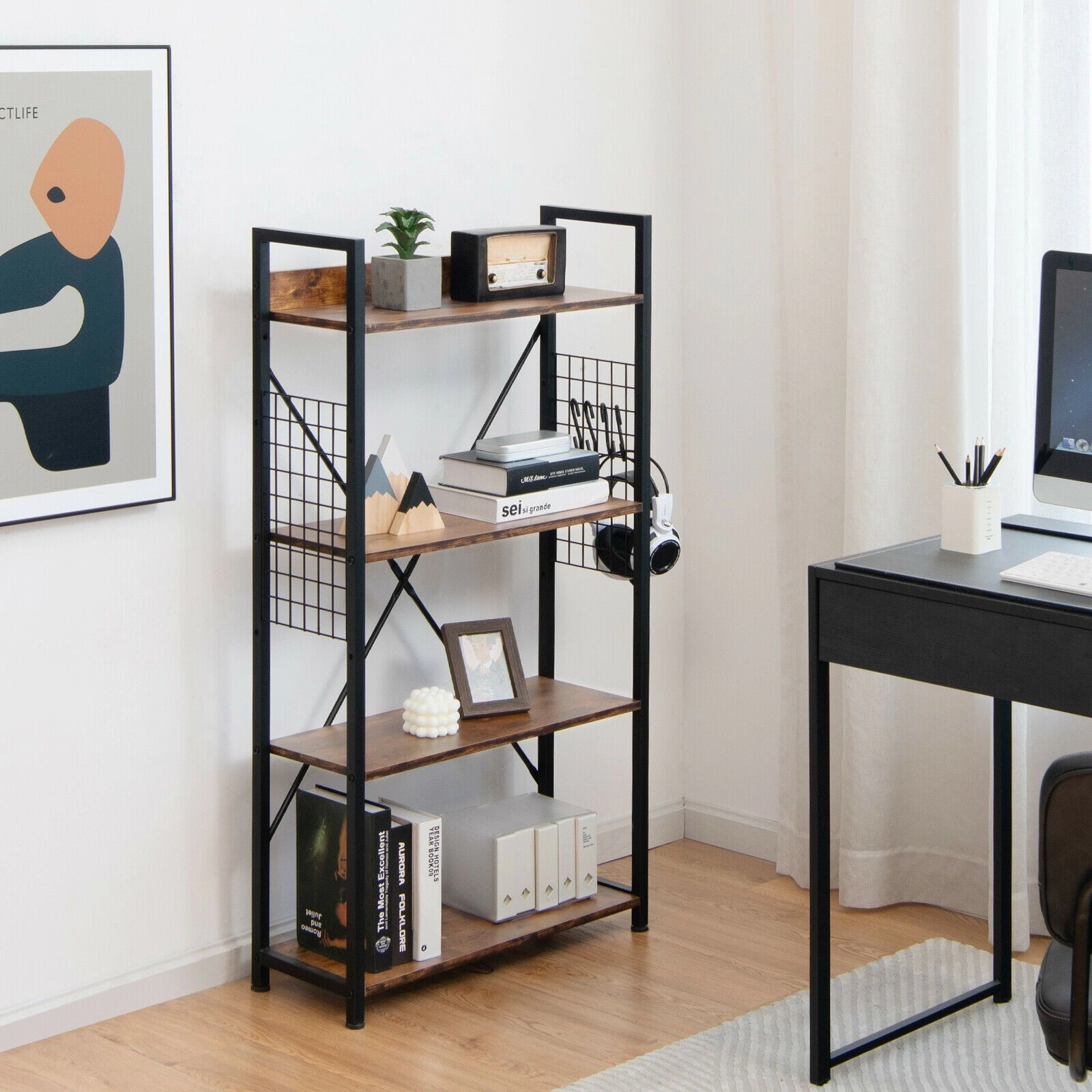 SlickBlue 4-Tier Industrial Bookcase, Adjustable Wooden Shelves