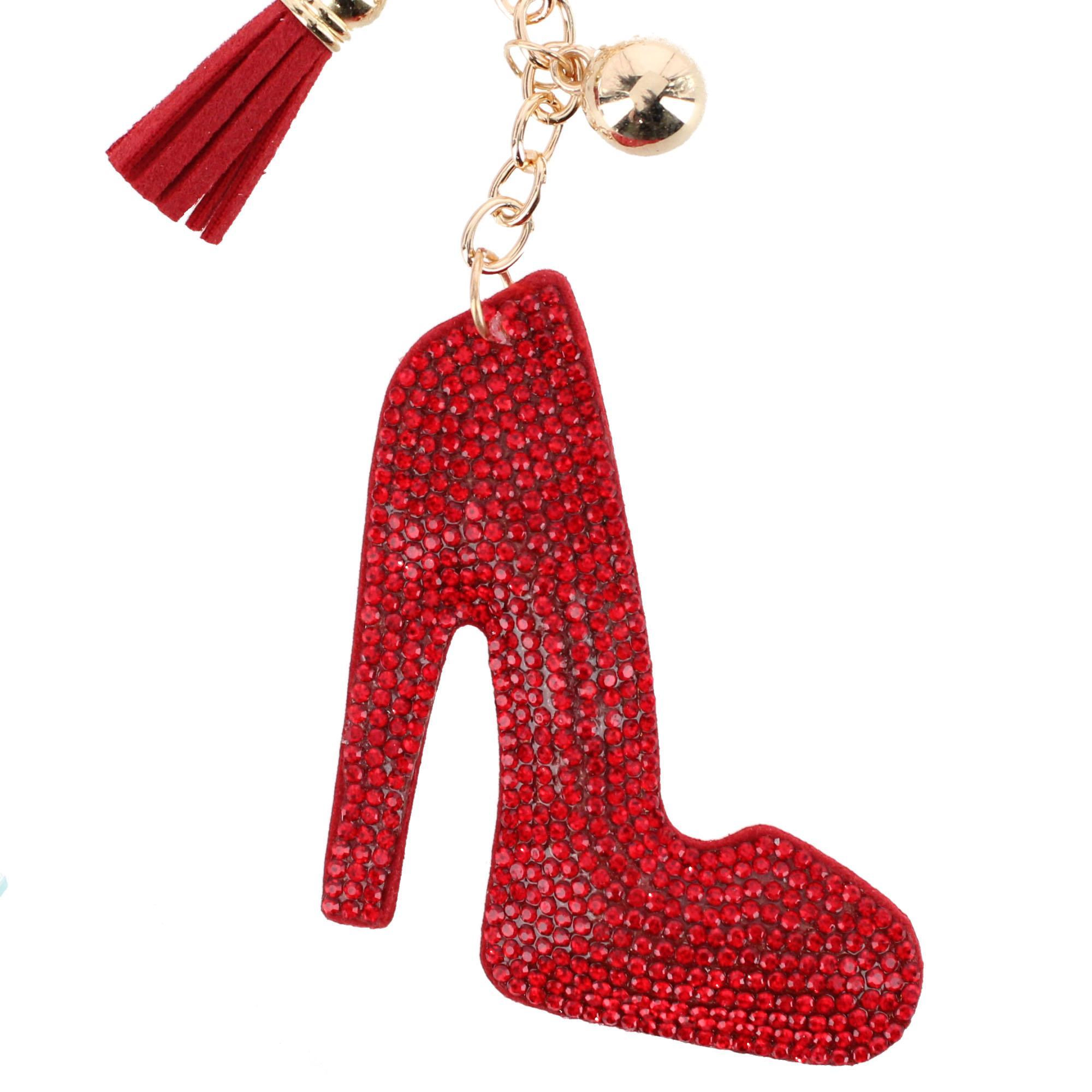 CTM Women's Red Rhinestone High Heel with Tassel Bag Charm & Key Chain
