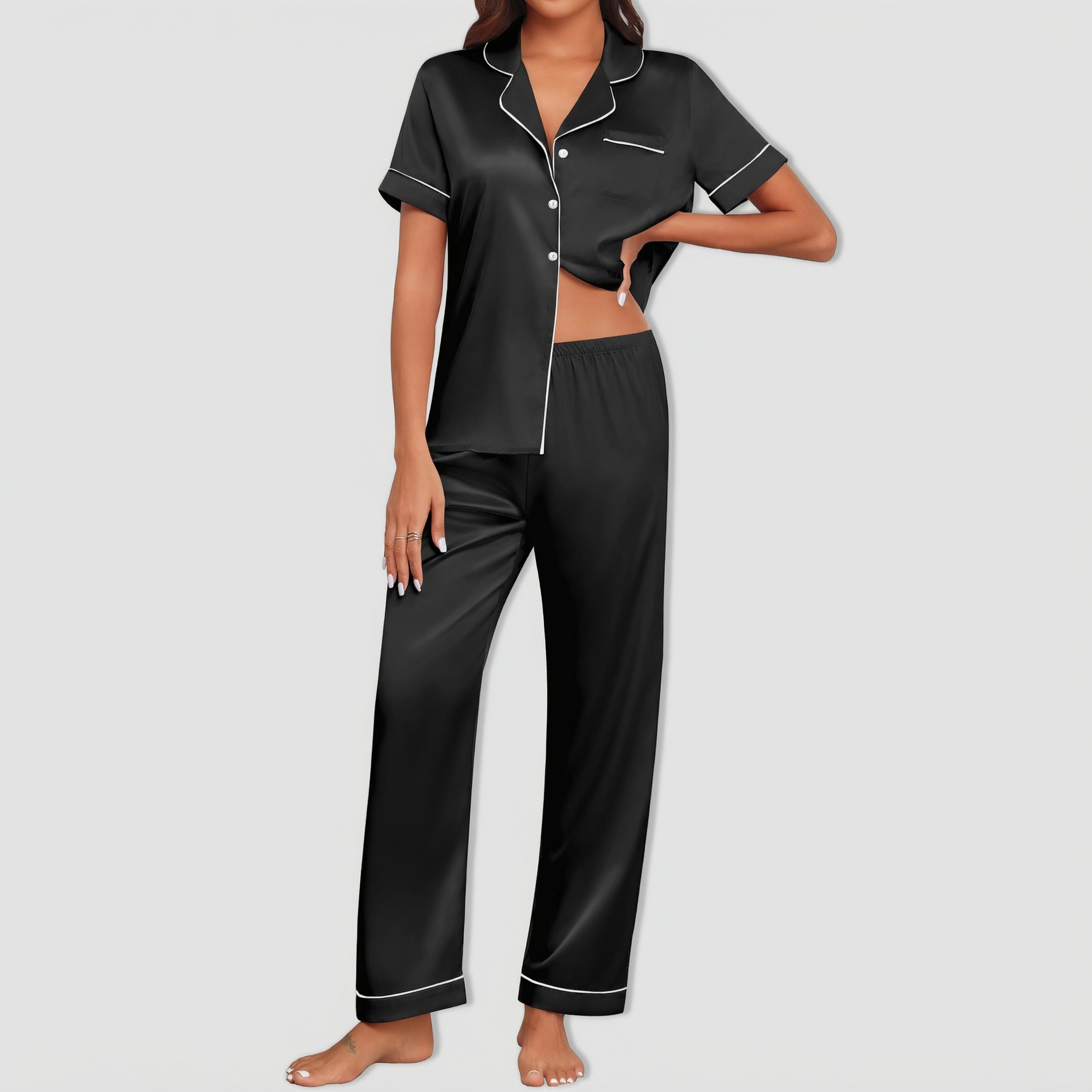 Ekouaer Pajamas Set Women Short Sleeve Sleepwear Soft Button Down Loungewear