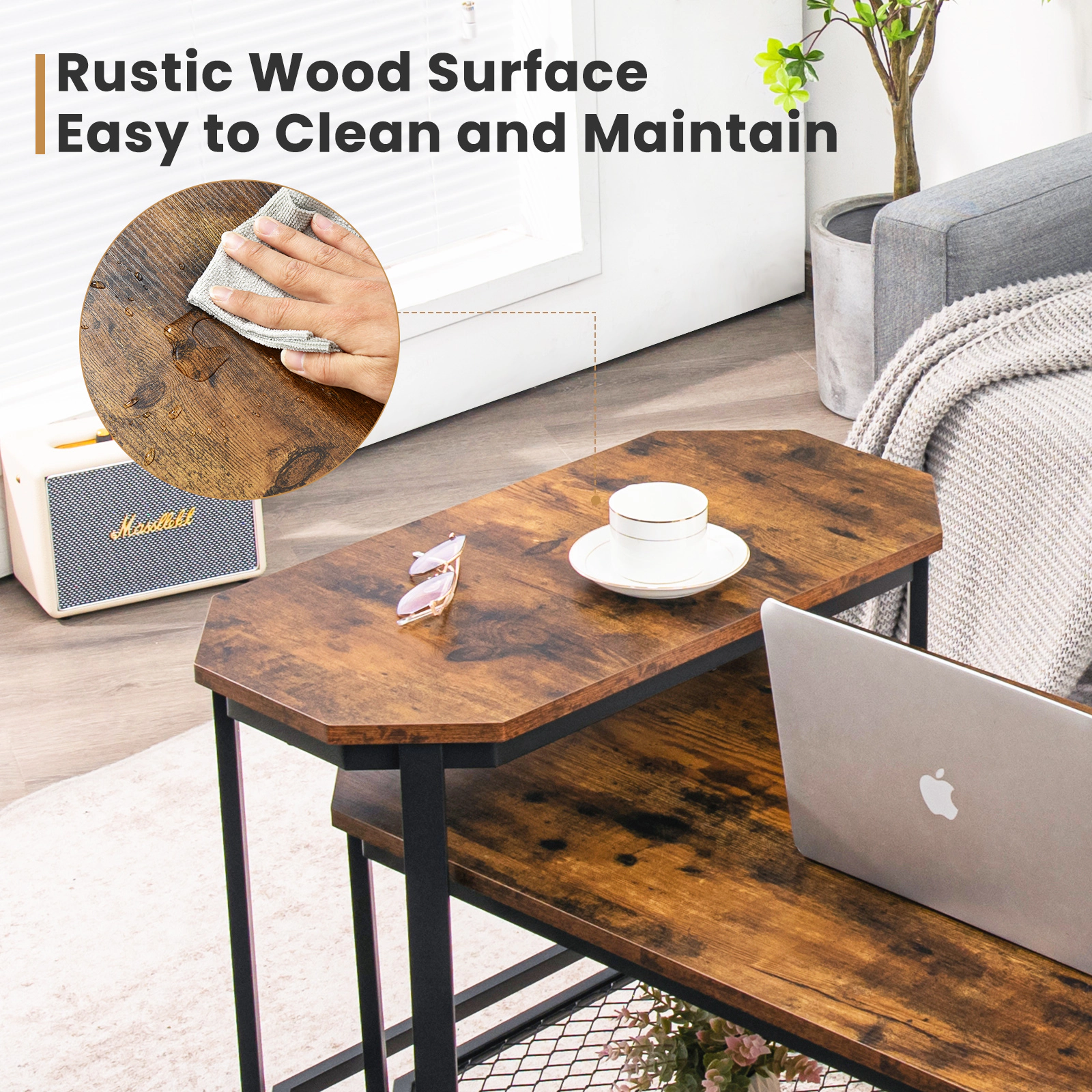Hivvago Narrow End Table with Rustic Wood Grain and Stable Steel Frame