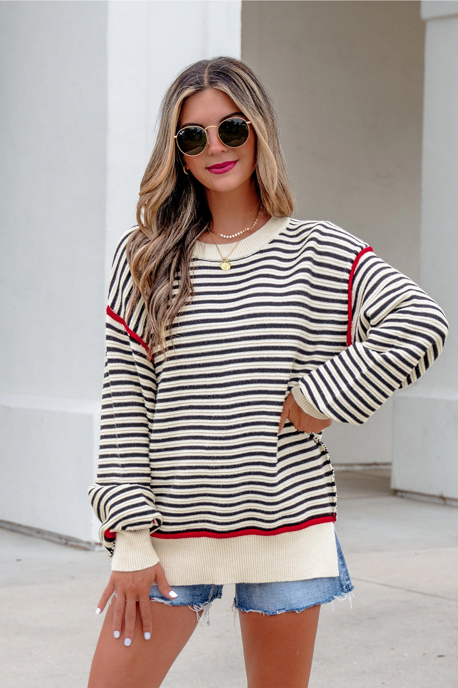 19092 Threaded Pear Hazel Drop Shoulder Oversized Sweater - Black Stripe