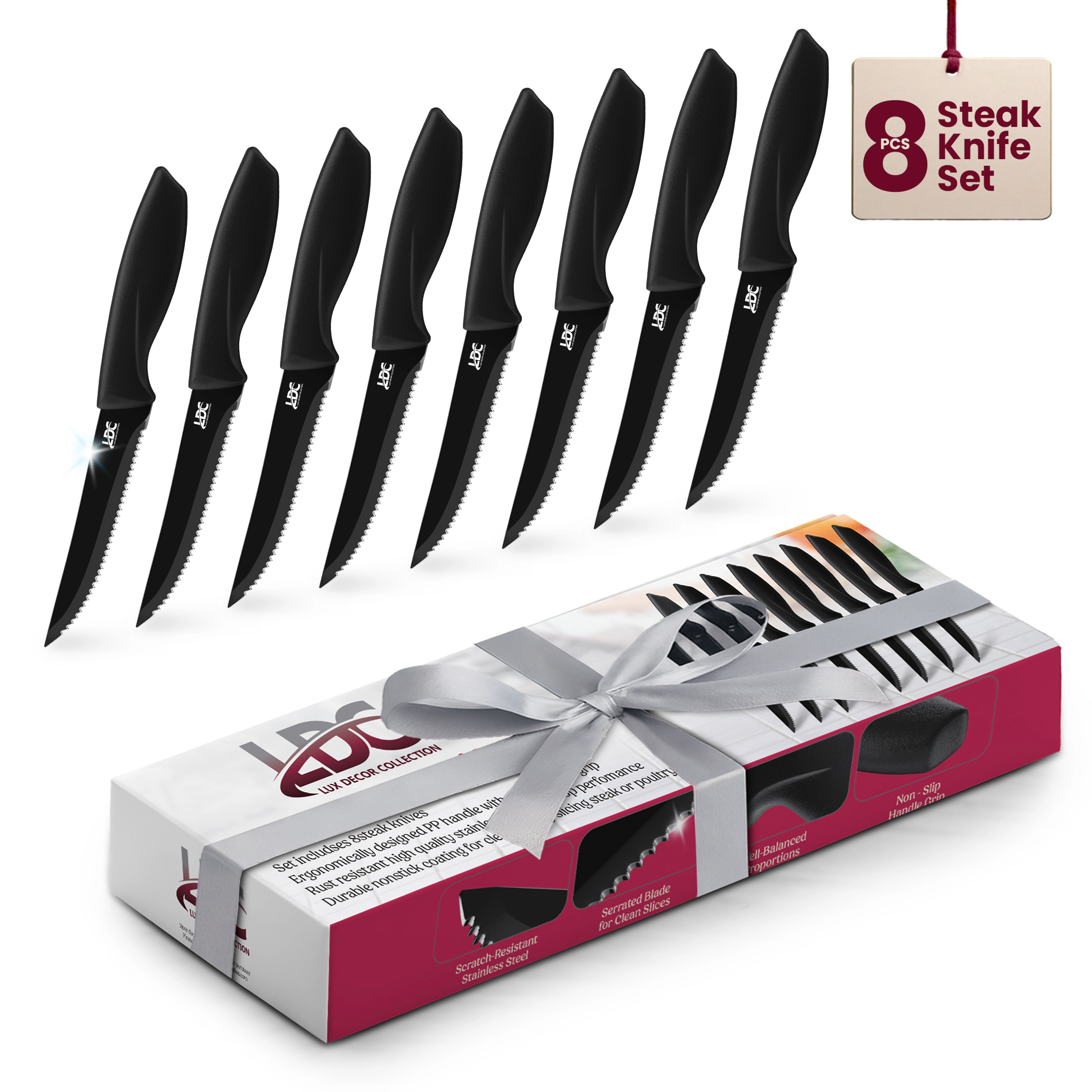 Lux Decor Collection Serrated Stainless Steel 8-Piece Knife Set Non-Stick Steak Knives