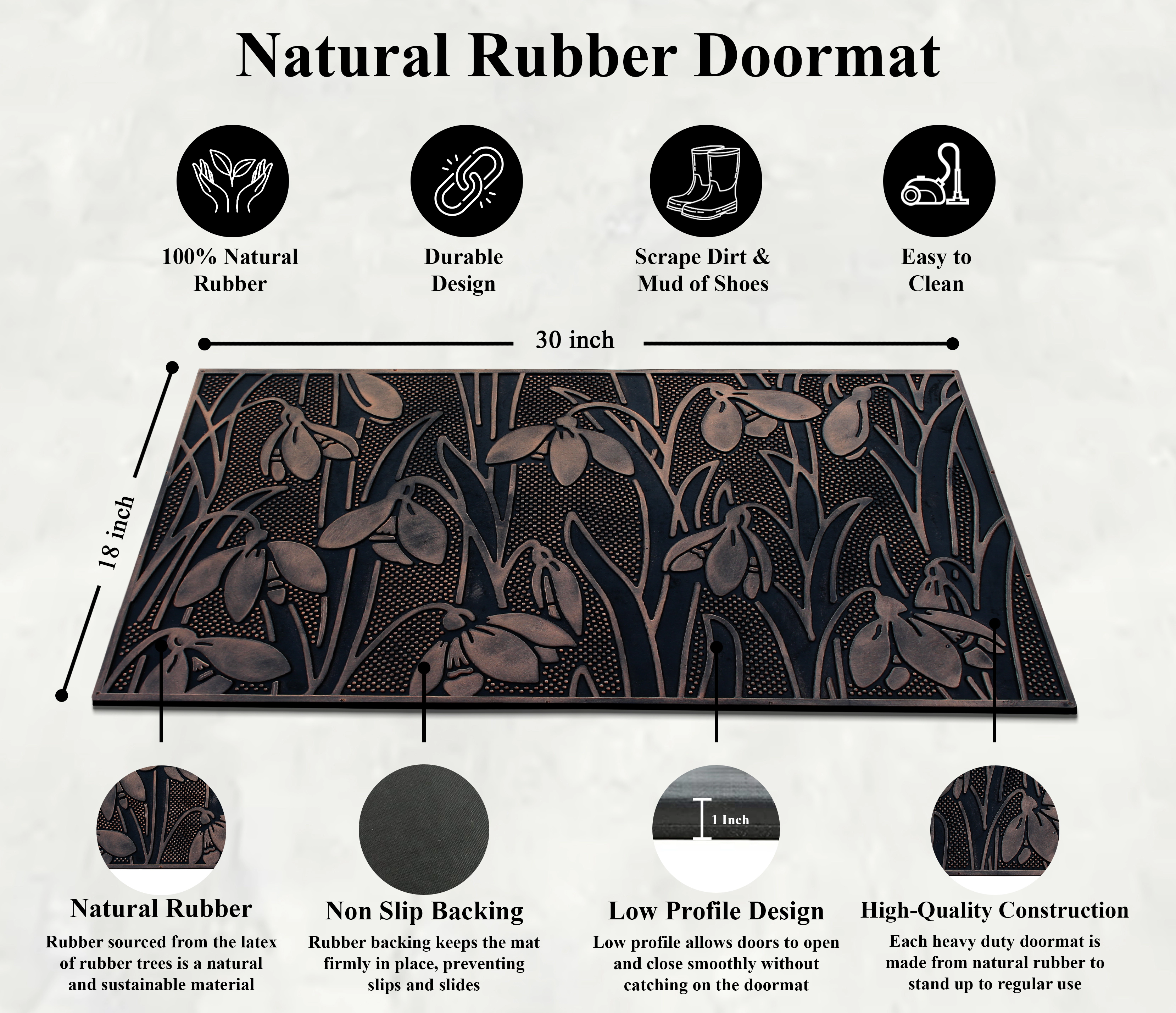 A1 Home Collections Wild Flowers Copper Rubber Welcome Doormat Non-Slip Front Door Mat 18 x 30 In