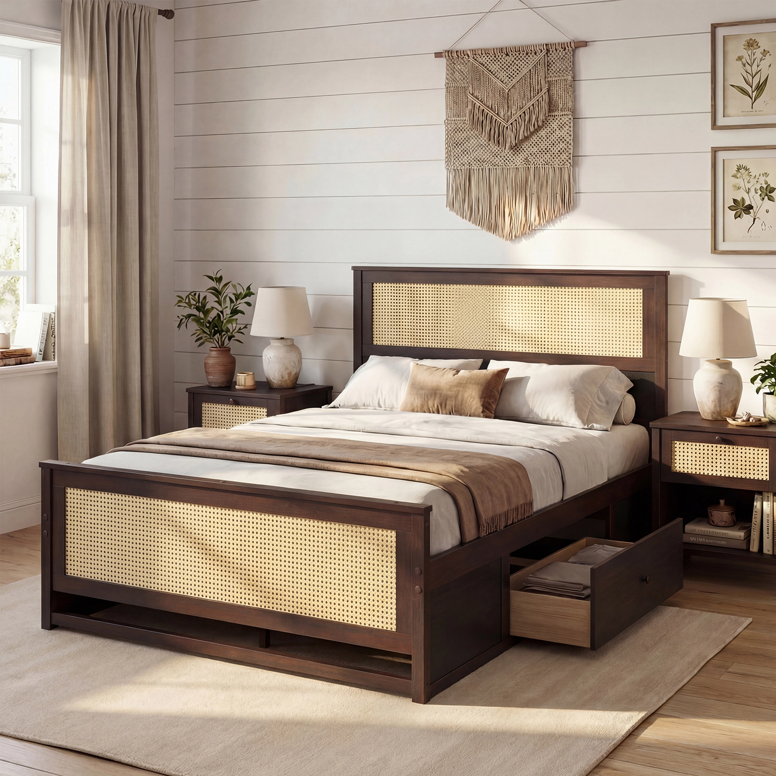 SUGIFT Full Rattan Platform Bed with Woven Boho Headboard and 2 Storage Drawers, Rustic Brown