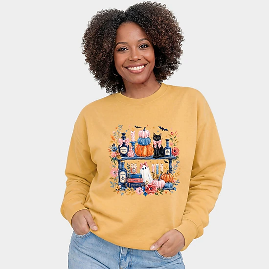 Simply Sage Market - Women's Graphic Sweatshirt - Coquette Halloween Bookshelf