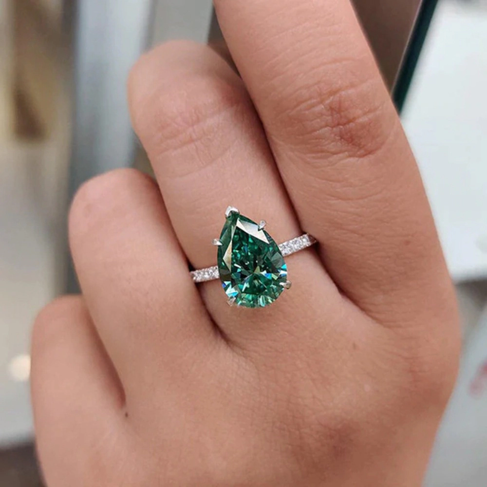 Platinum Plated Classic Pear-Cut Simulated Emerald Cubic Zirconia CZ Halo Wedding Ring