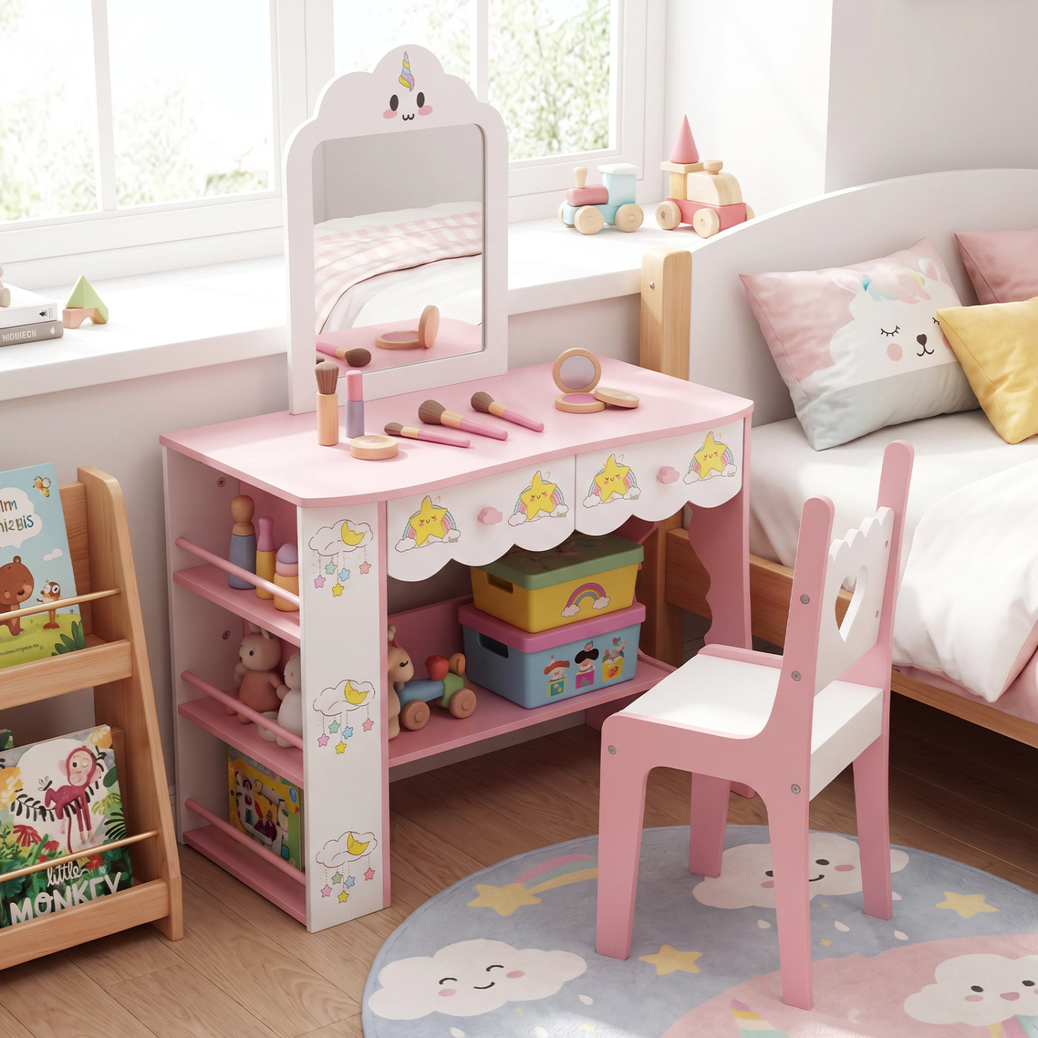 Hivvago Kids Vanity Set Princess Girls Makeup Table With Mirror And Chair