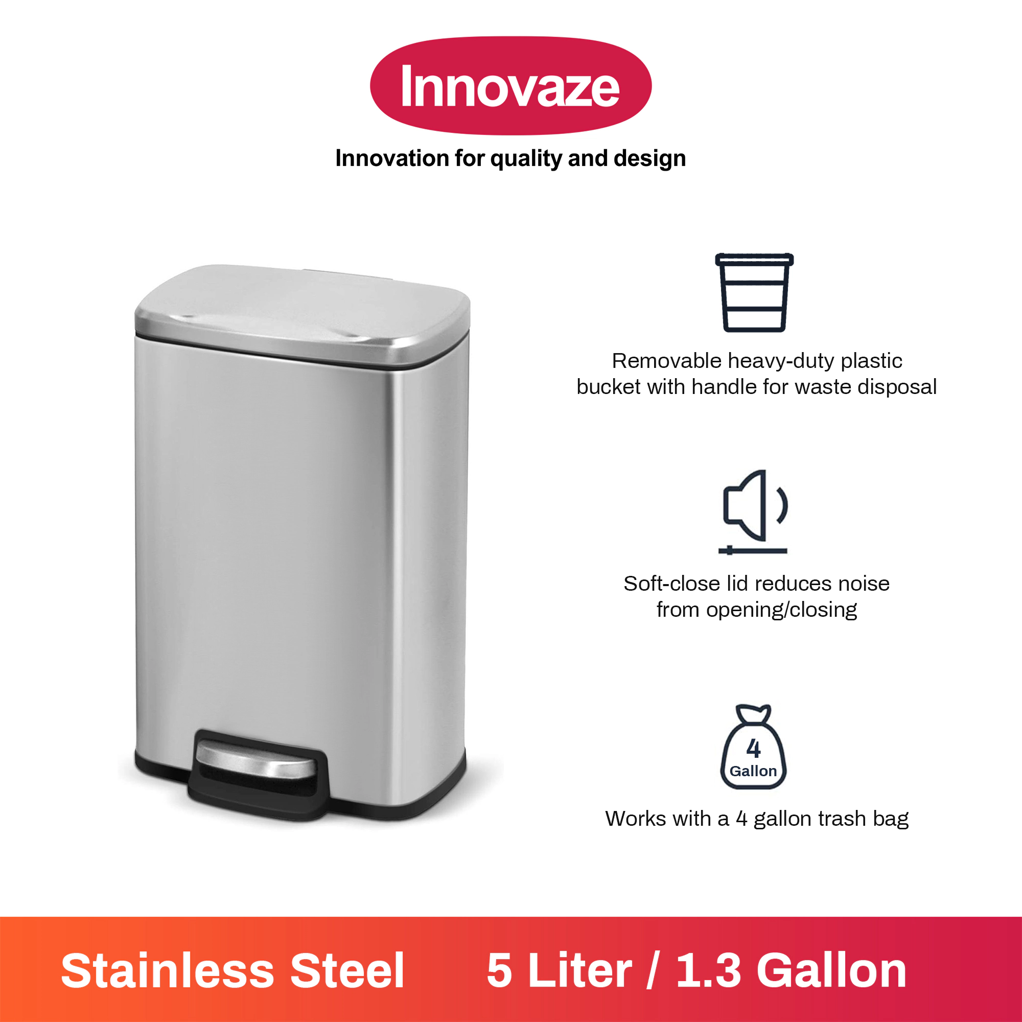 Innovaze 1.3 Gal./5 Liter Rectangular Stainless Steel Step-on Trash Can for Bathroom and Office